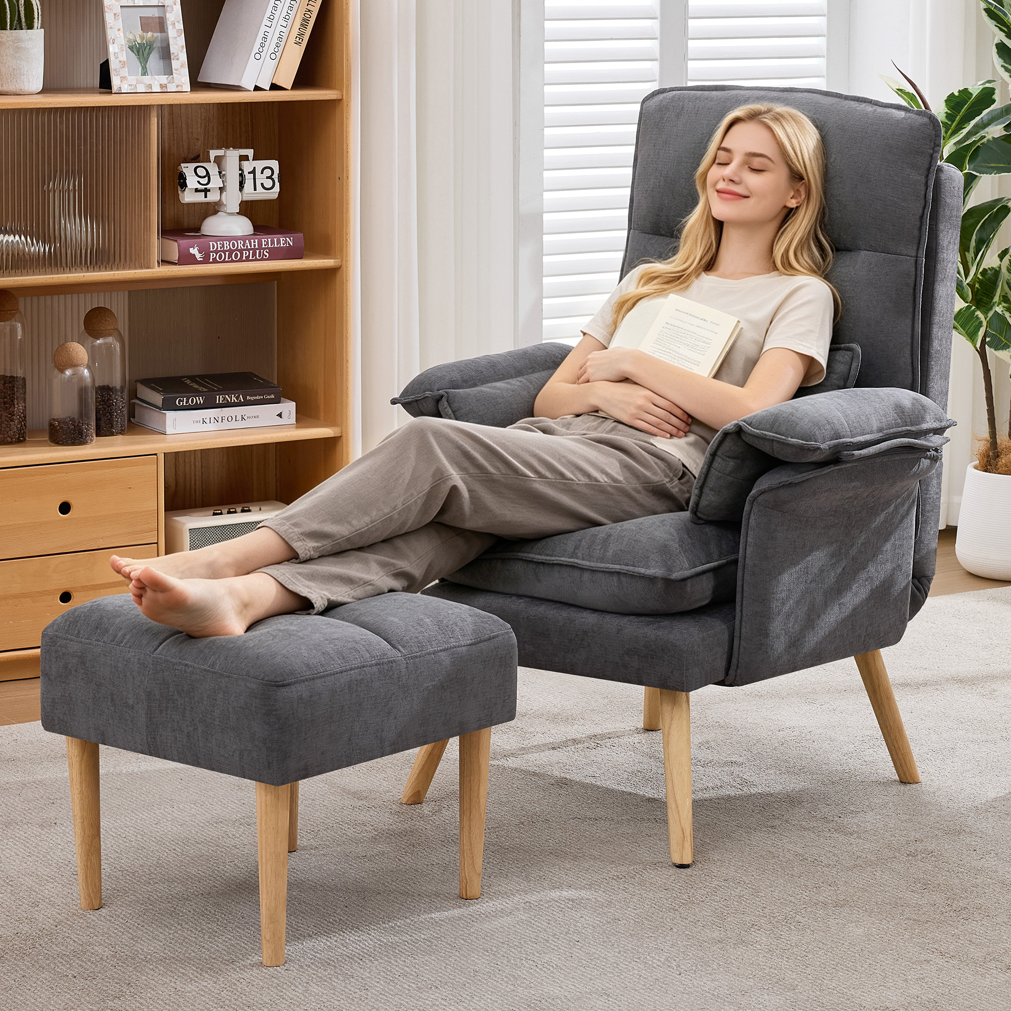 Canapé fauteuil relax 1 place avec dossier 5 positions et repose-pieds, coussin et accoudoirs rembourrés