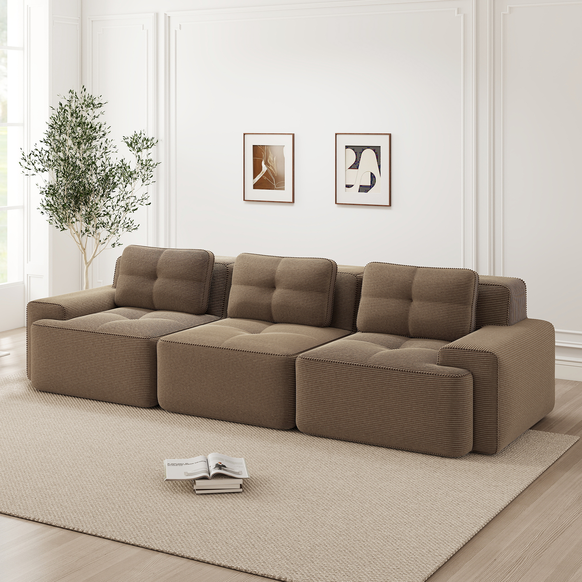 Canapé modulable d'angle sans pieds avec assise profonde et tissu velours côtelé marron résistant aux griffes pour salon moderne
