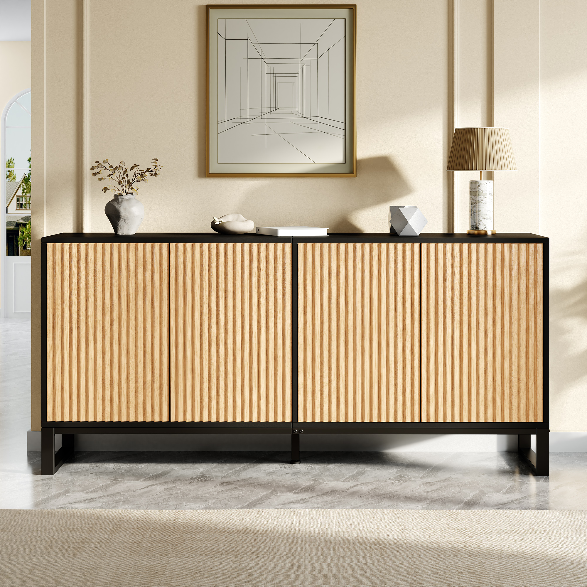 Meuble à chaussures moderne 4 portes battantes, buffet noir et naturel avec étagères ajustables et relief 3D 160 cm