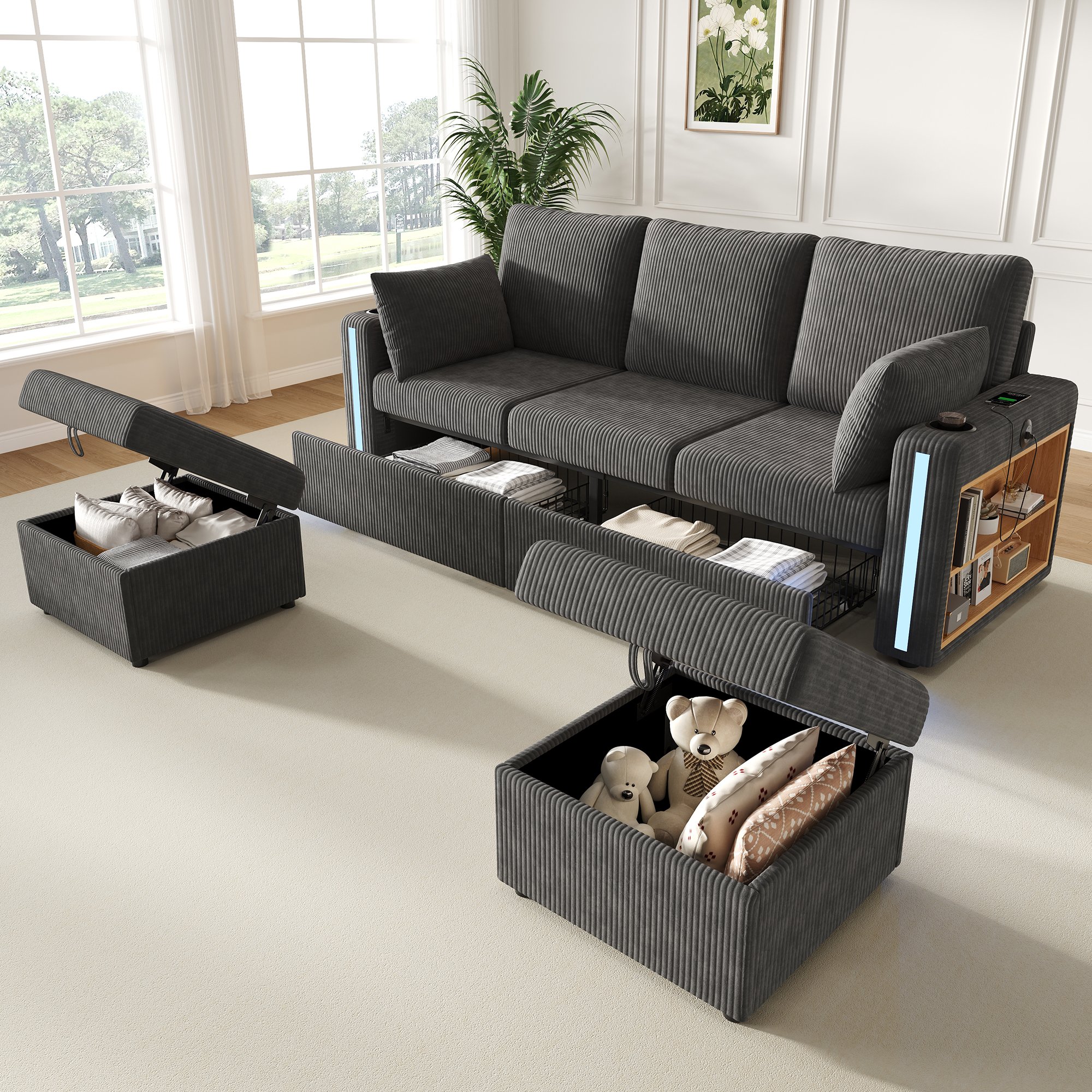 Canapé d'angle modulable gris en velours côtelé, format U ou L, avec LED, ports USB Type-C, tiroirs et poufs de rangement pour 5 personnes