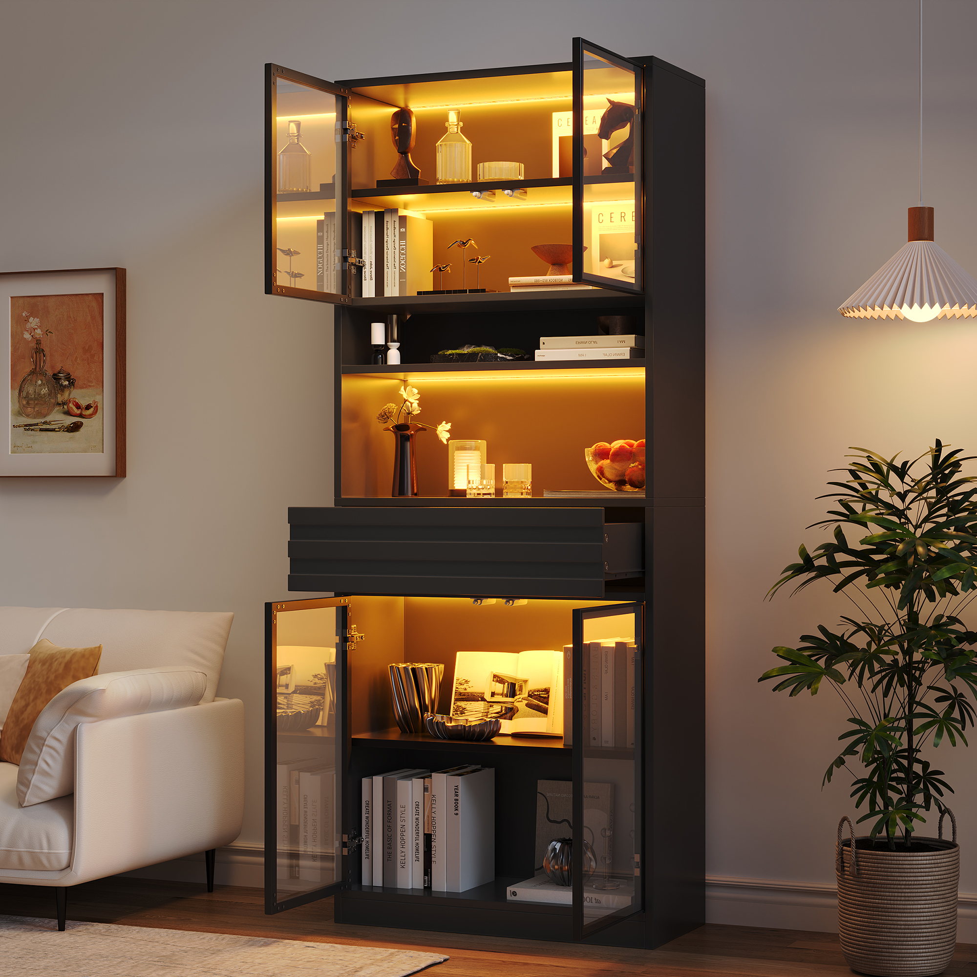 Vitrine Panneau composite de fibres de bois à densité Noir 80x35x200 cm, Meuble à 4 Portes en Verre avec Tiroir Intégré et Éclairage LED RGB Connecté par App