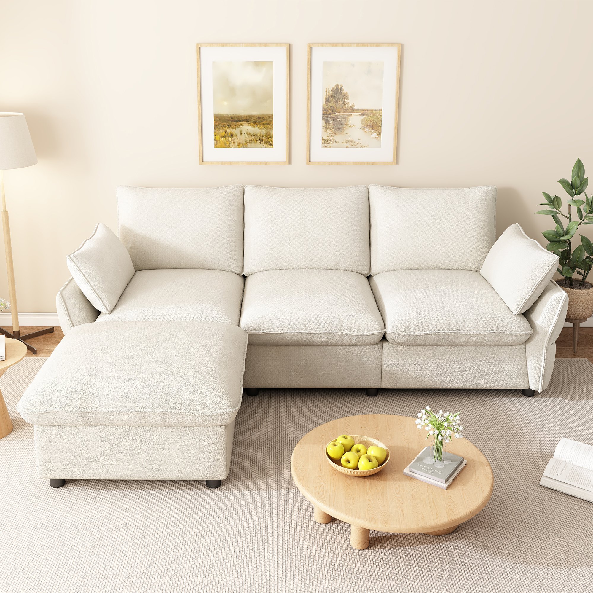 Canapé d'angle 3 places beige en chenille avec ottoman et coussins, structure L pour salon moderne, dimensions 222,5 x 154,5 x 76,5 cm