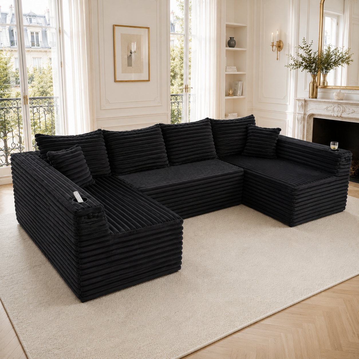 Canapé en U 5 places modulable avec porte-gobelets et 4 coussins de dossier en velours côtelé