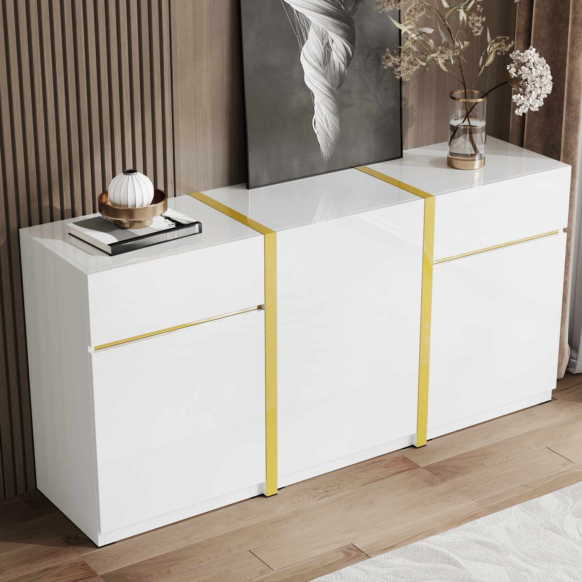 Buffet Blanc Laqué Brillant 160x78cm, Meuble Rangement Moderne 3 Portes 2 Tiroirs Panneau composite de fibres de bois à densité, Design Contemporain pour Cuisine Salon Entrée