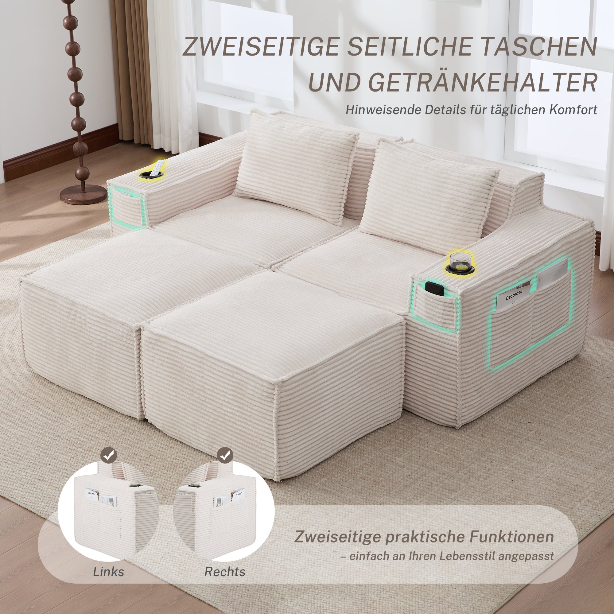 Ensemble Canapé Modulable Beige Corduroy avec Poches Latérales et Porte-Verres, Sans Outils, Pour Salon ou Balcon Couvert