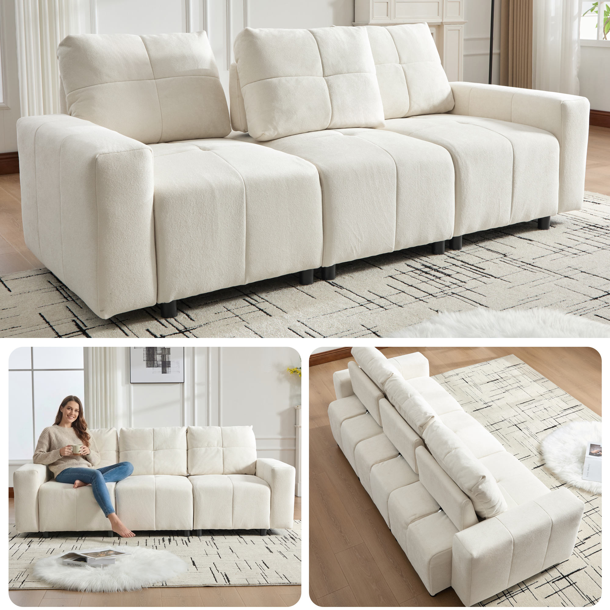Canapé Convertible 3 Places Droit Chenille Beige Blanc, Profondeur Réglable Jusqu'à 68 Cm, Structure Bois Massif, Confort Ergonomique Salon Moderne