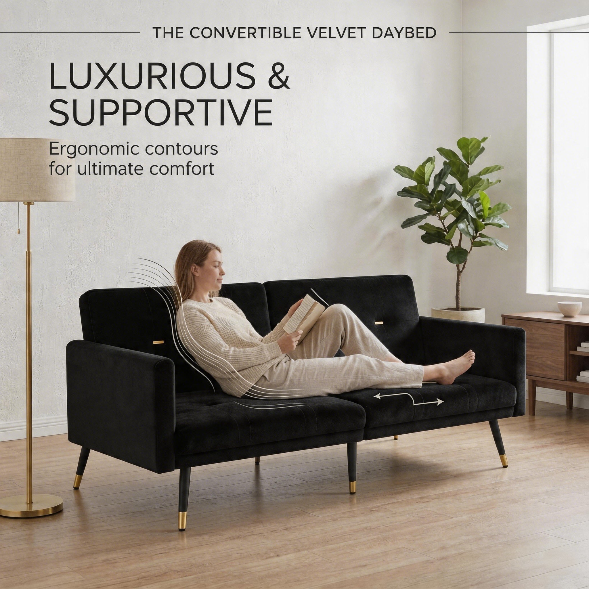 Canapé Convertible 2 Places Noir en Velours, Canapé-Lit Réglable 5 Positions avec Pieds de 20cm, Structure Stable 180kg