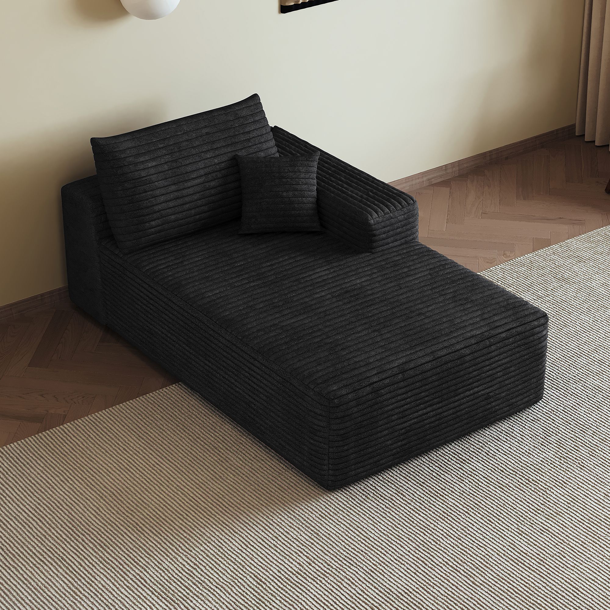 Canapé droit noir avec méridienne intégrée, tissu velours côtelé doux et assise haute densité, prêt à l'emploi sans outils