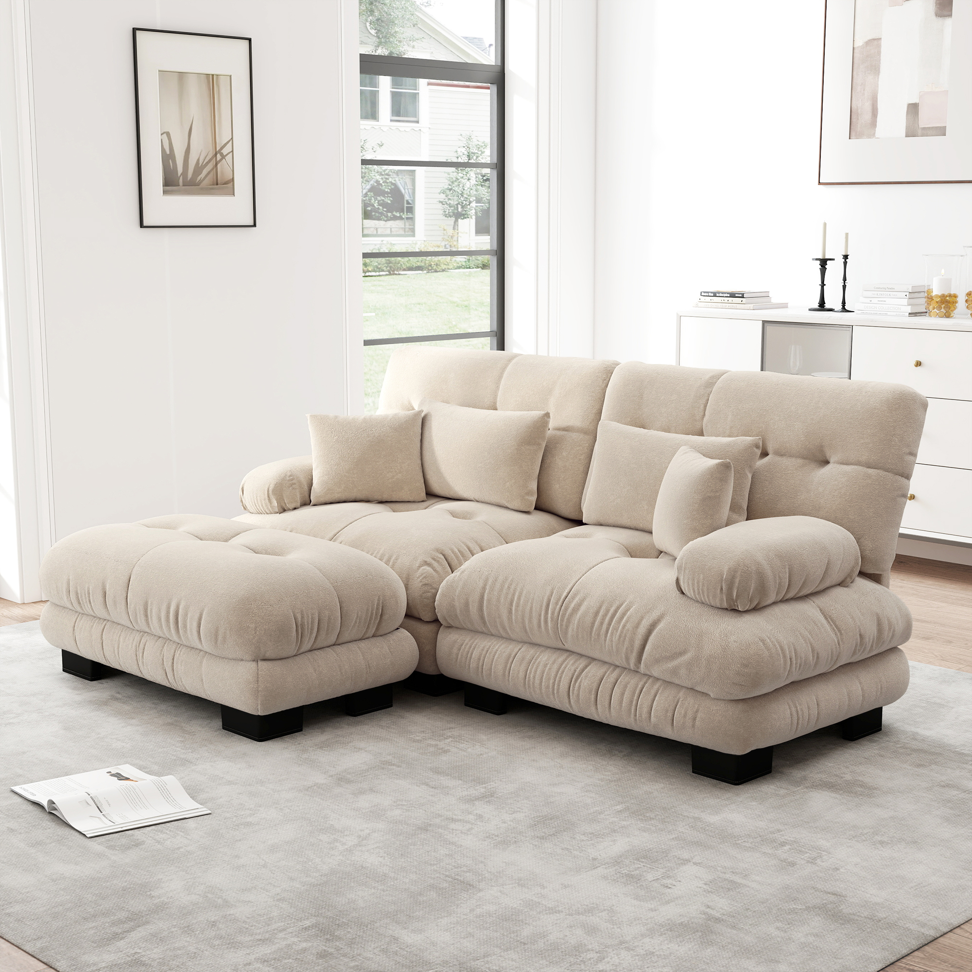 Canapé d'angle 4 places 220x145x81 cm en chenille brun clair avec ottomans et accoudoirs larges