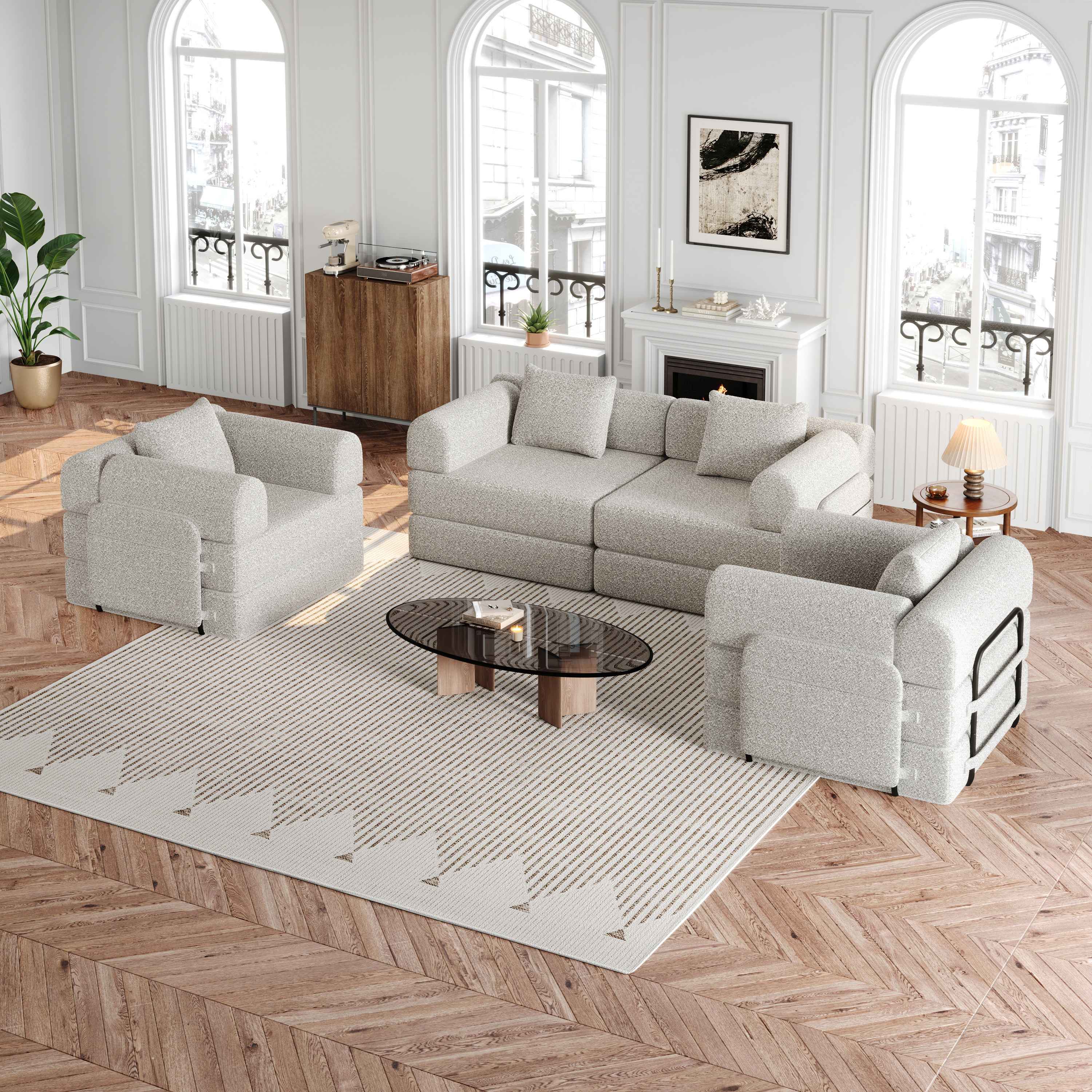 Canapé-lit 2-en-1 en tissu chenille khaki avec rangement dans l'accoudoir, cadre métallique robuste et configuration modulaire pour petit espace