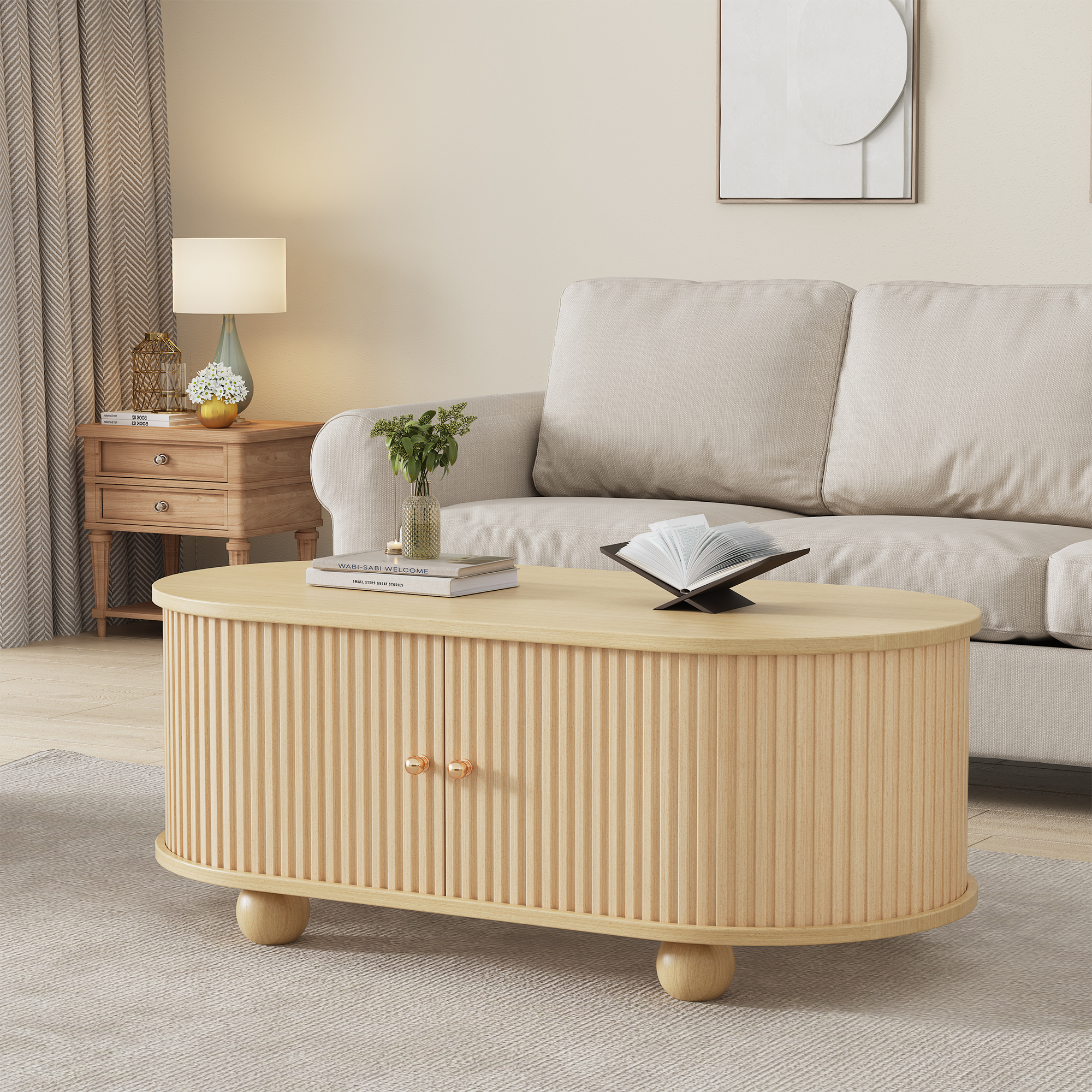Table Basse Ovale Panneau composite de fibres de bois à densité avec Rangement Coulissant et Portes Industrielles, Supporte 30kg, Design Minimaliste pour Salon Moderne