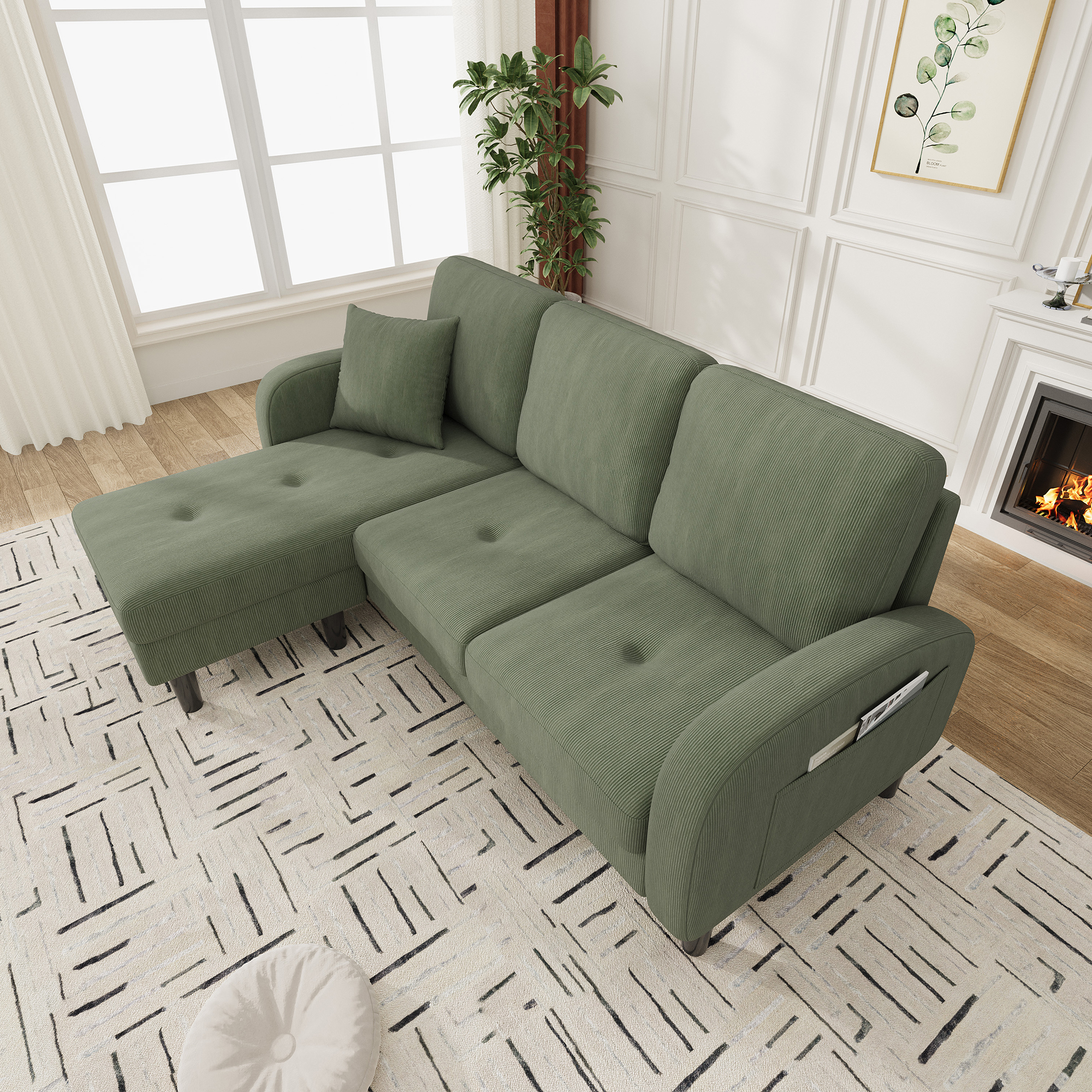 Méridienne Réversible Canapé d'angle 3 Places avec Tissu Cord Vert et Pieds Plastique pour Salon Compact