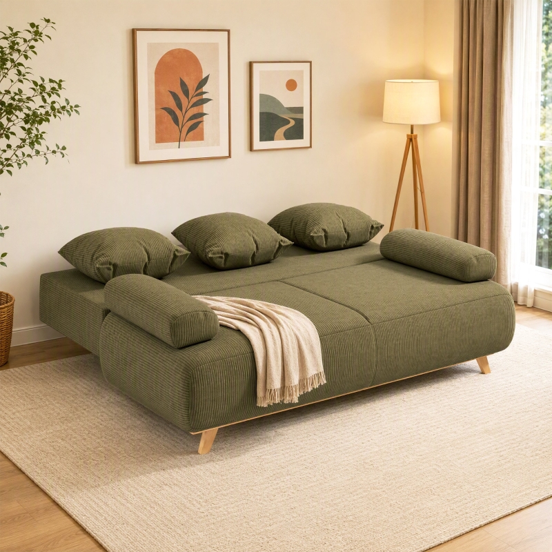 Canapé-lit vert foncé en tissu côtelé avec rangement caché, dossier réglable et structure en bois massif, idéal pour les petits espaces et les invités de passage.