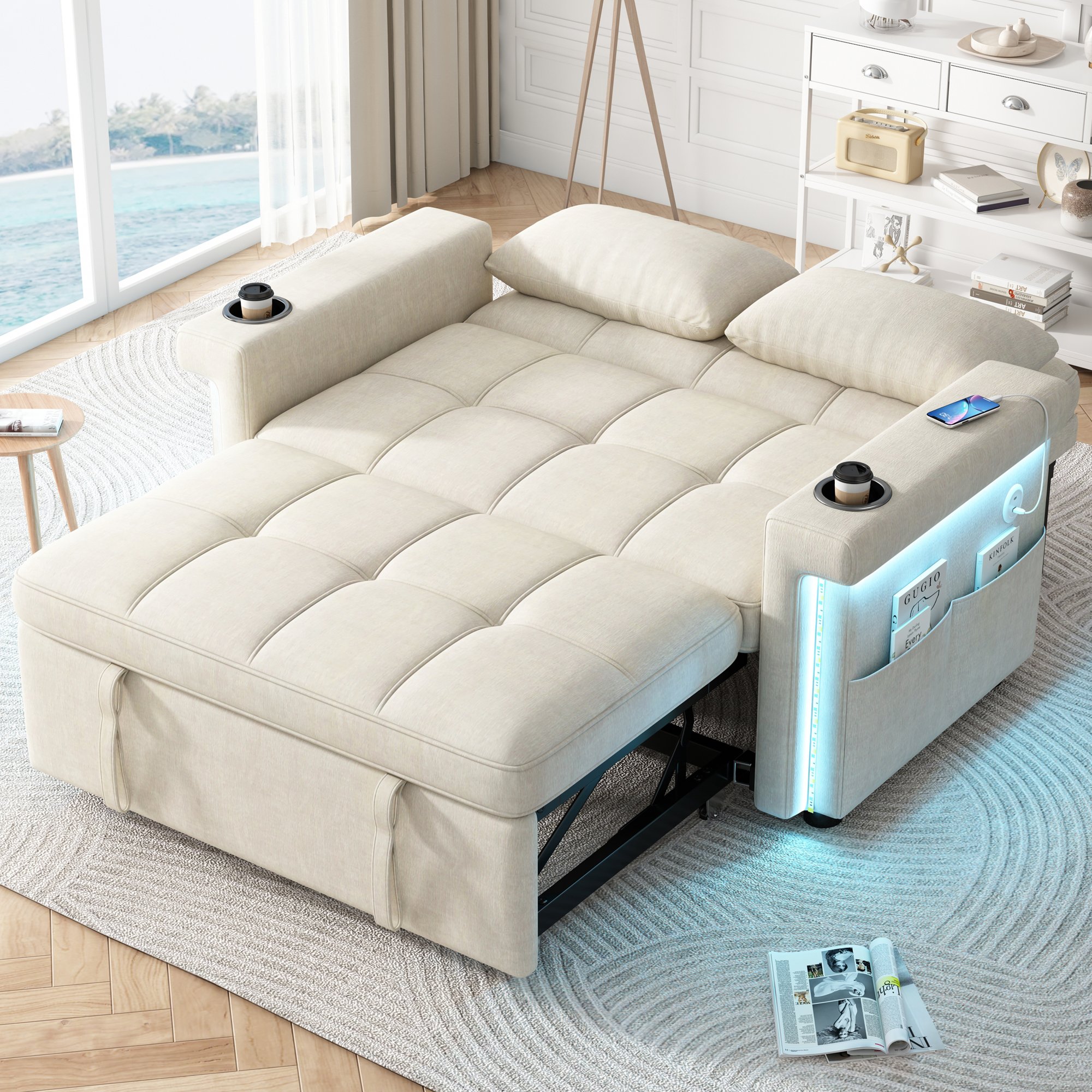 Canapé-lit convertible 2 places en tissu chenille beige avec LED, ports USB Type-C, dossier réglable et porte-gobelets intégrés