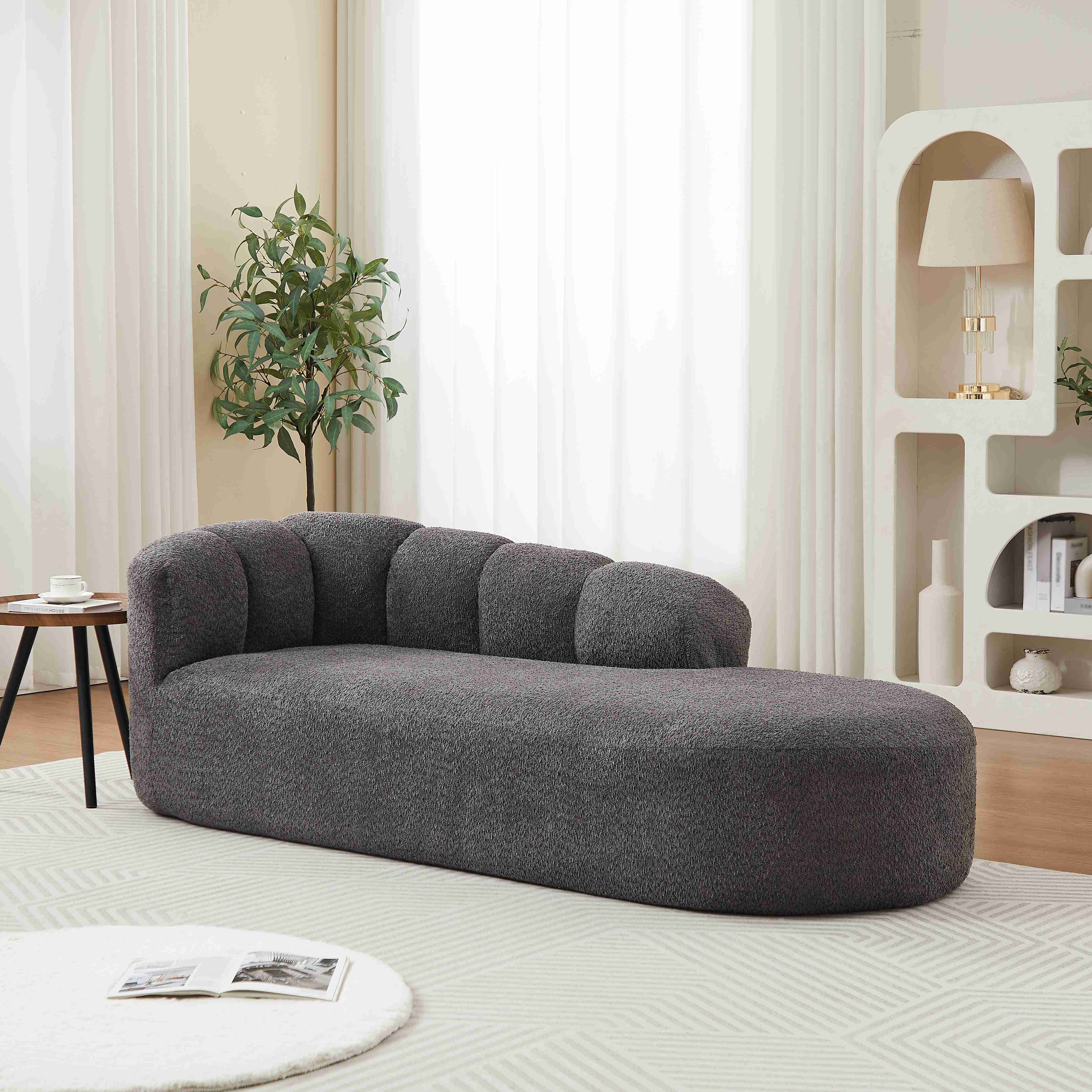 Chaise longue anthracite en chenille avec dossier ondulé sans accoudoirs, fauteuil relax moderne pour salon et chambre, style minimaliste