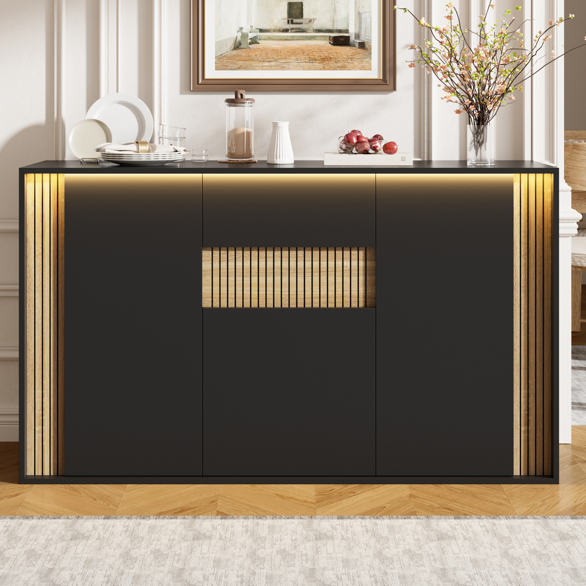 Buffet Panneau de Particules Noir et Bois, Structure Stable 3 Portes 1 Tiroir, Meuble Rangement Moderne 140x82 cm