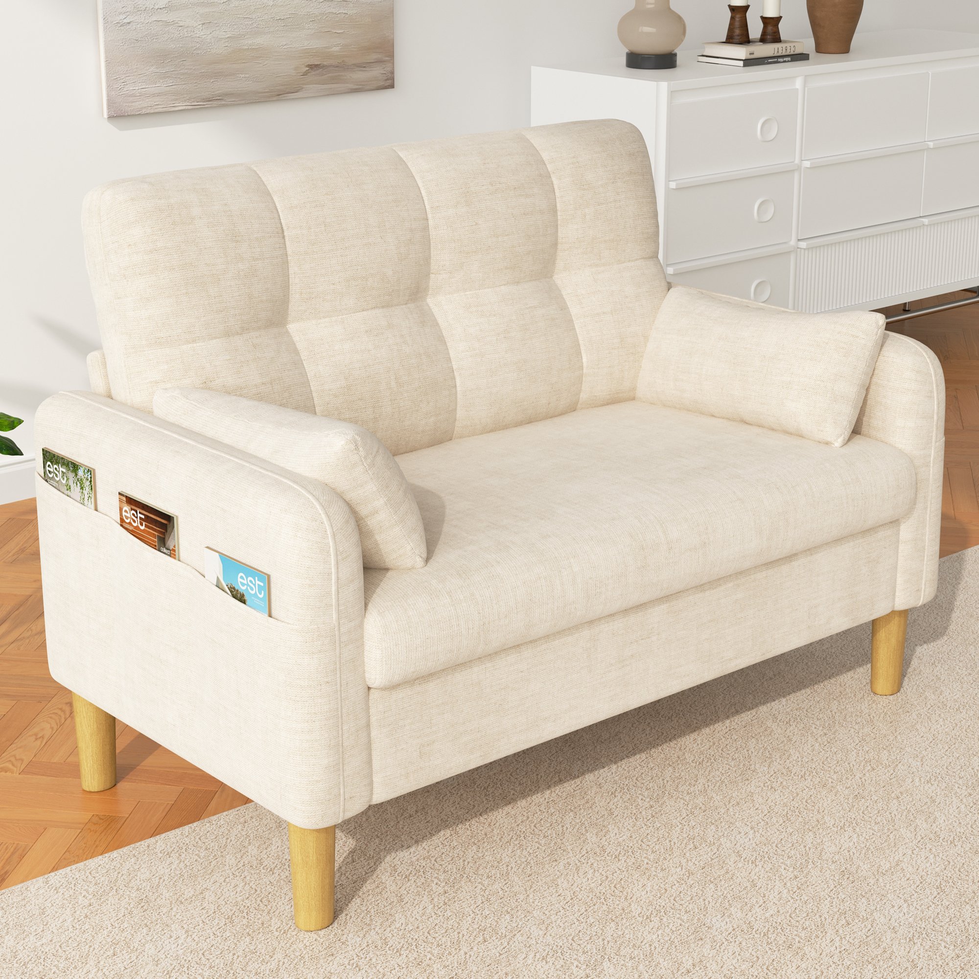 Canapé 2 Places Moderne Beige en Chenille avec Poches de Rangement, Coussins Inclus, Design Contemporain pour Petit Appartement