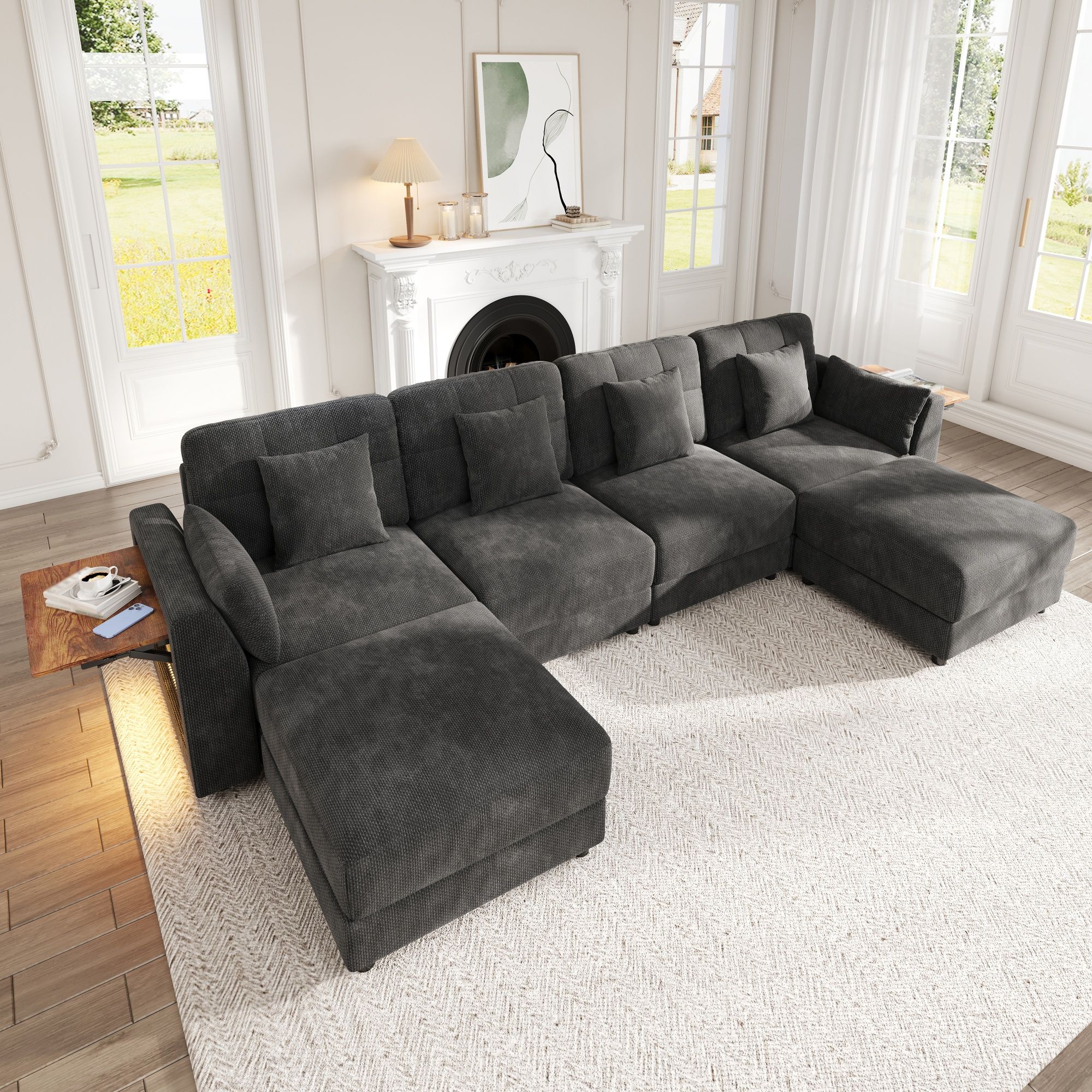 Canapé d'angle modulable 292x135cm en tissu chenille gris, ensemble 6 places avec 2 poufs mobiles, coussins inclus et structure bois massif pour salon contemporain