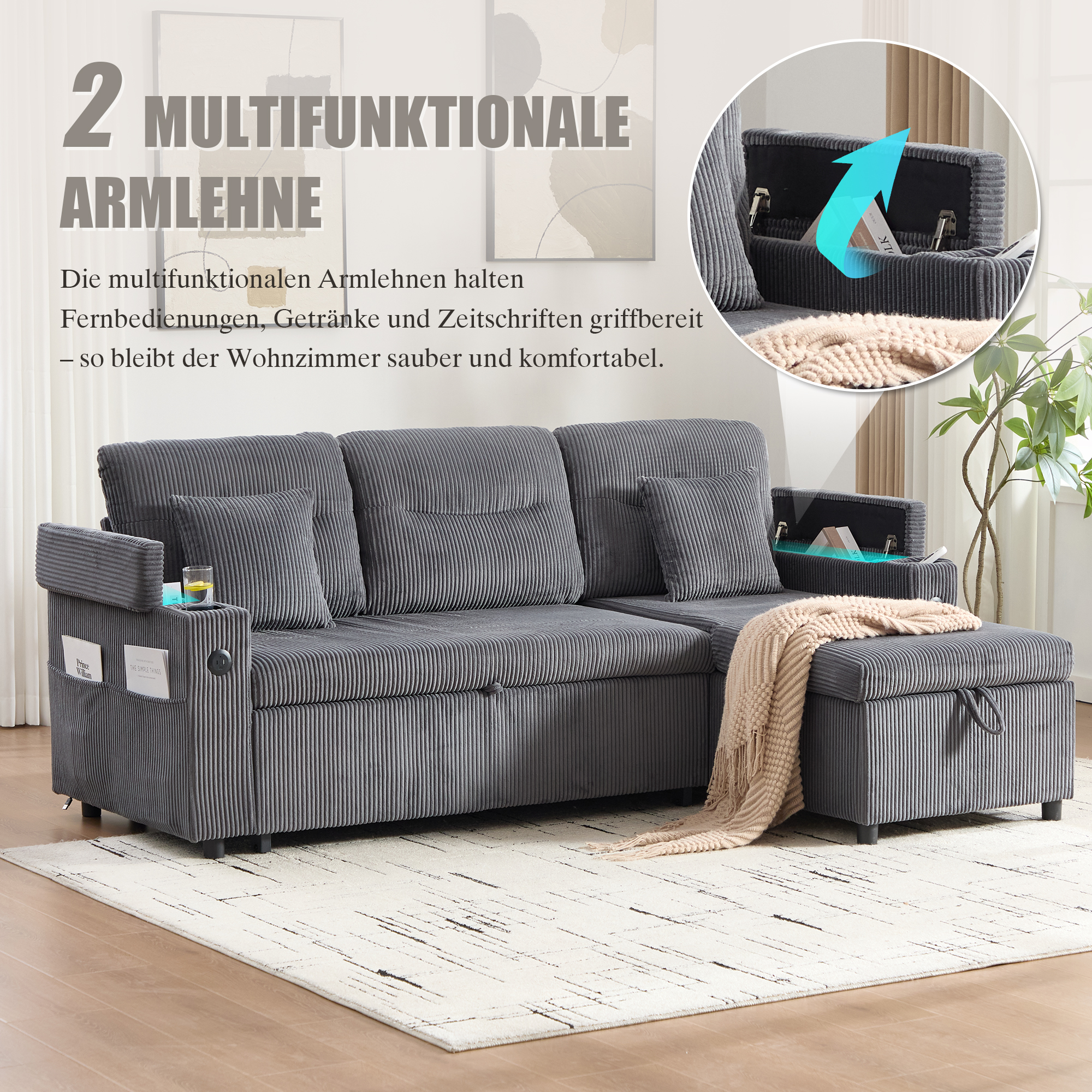 Lit coffre 3 places 212,5x136x86 cm avec sommier relevable, rangement et couchage d'appoint 2 personnes