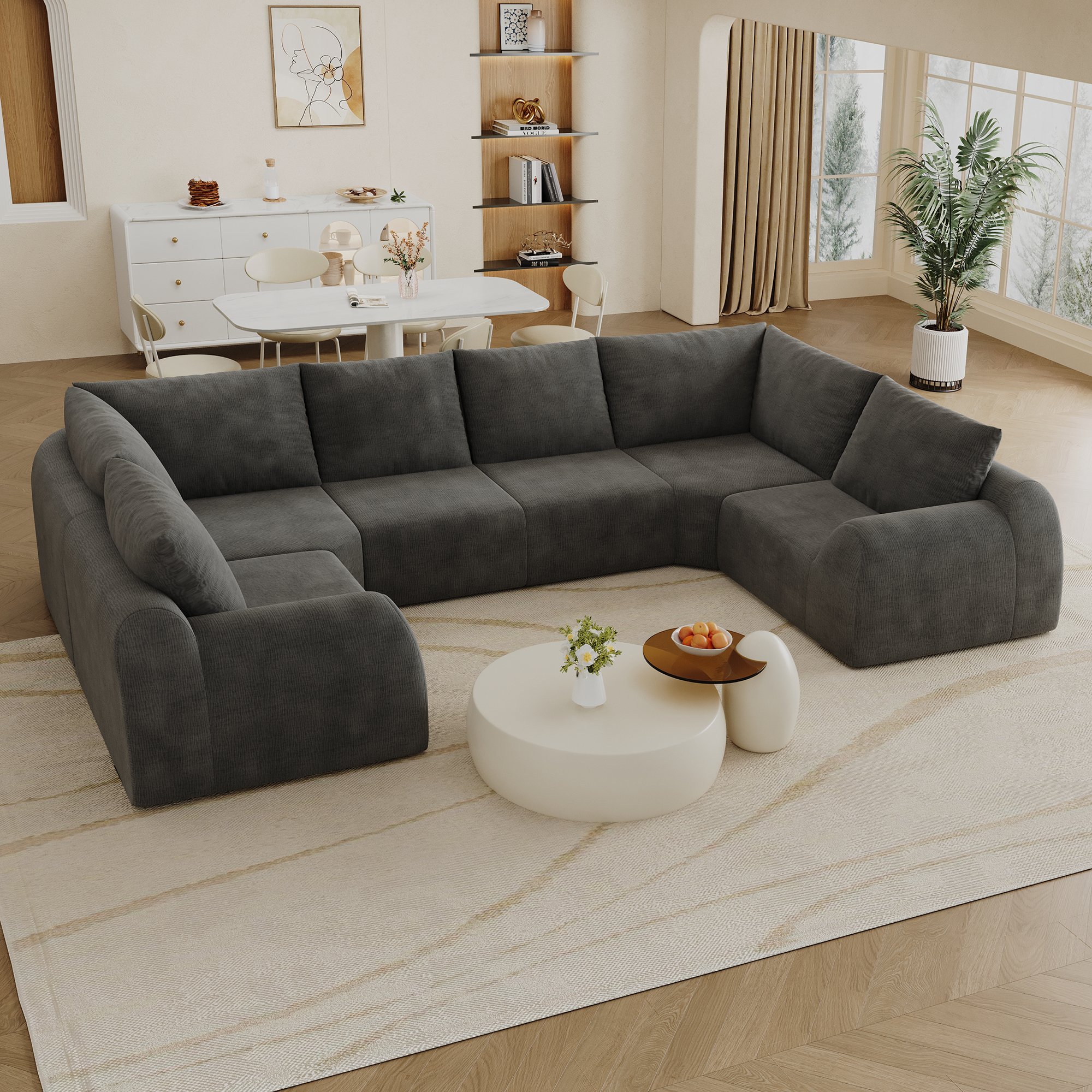 Canapé droit 344x200 cm en tissu chenille gris foncé, mousse haute élasticité, sans montage, format compressé pour salon et chambre