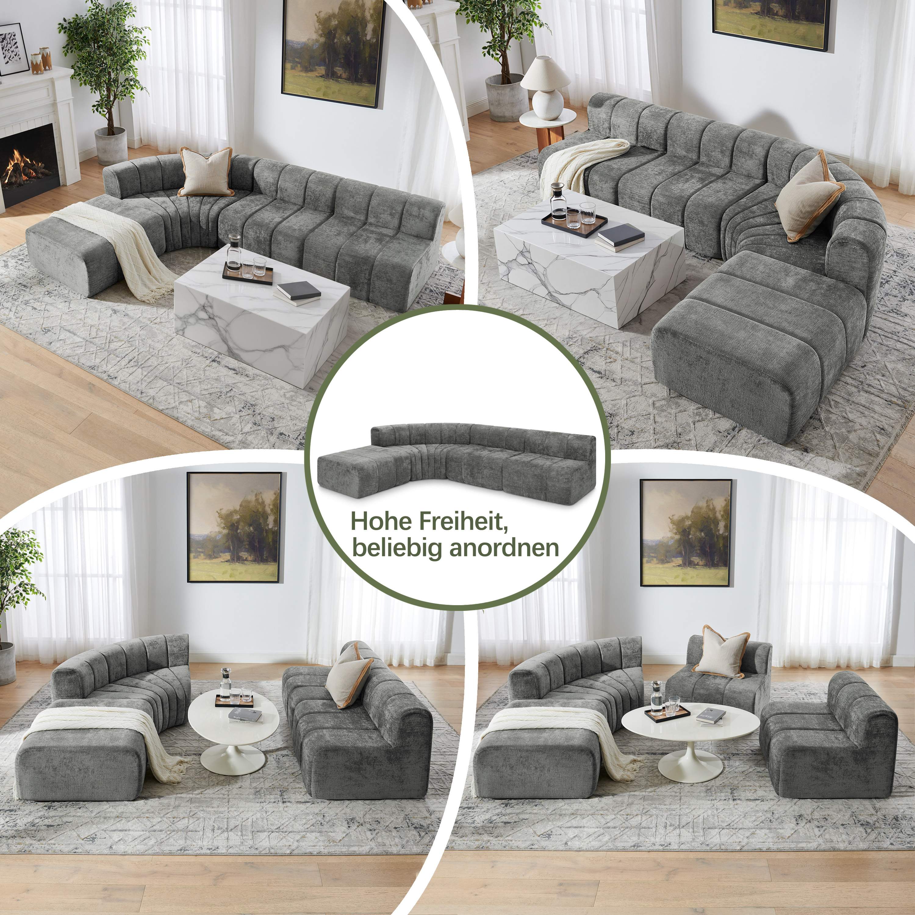 Canapé d'angle modulable 4 places en chenille gris, structure sans outils, coussins multifonctions et mousse haute résilience pour un confort optimal au quotidien.