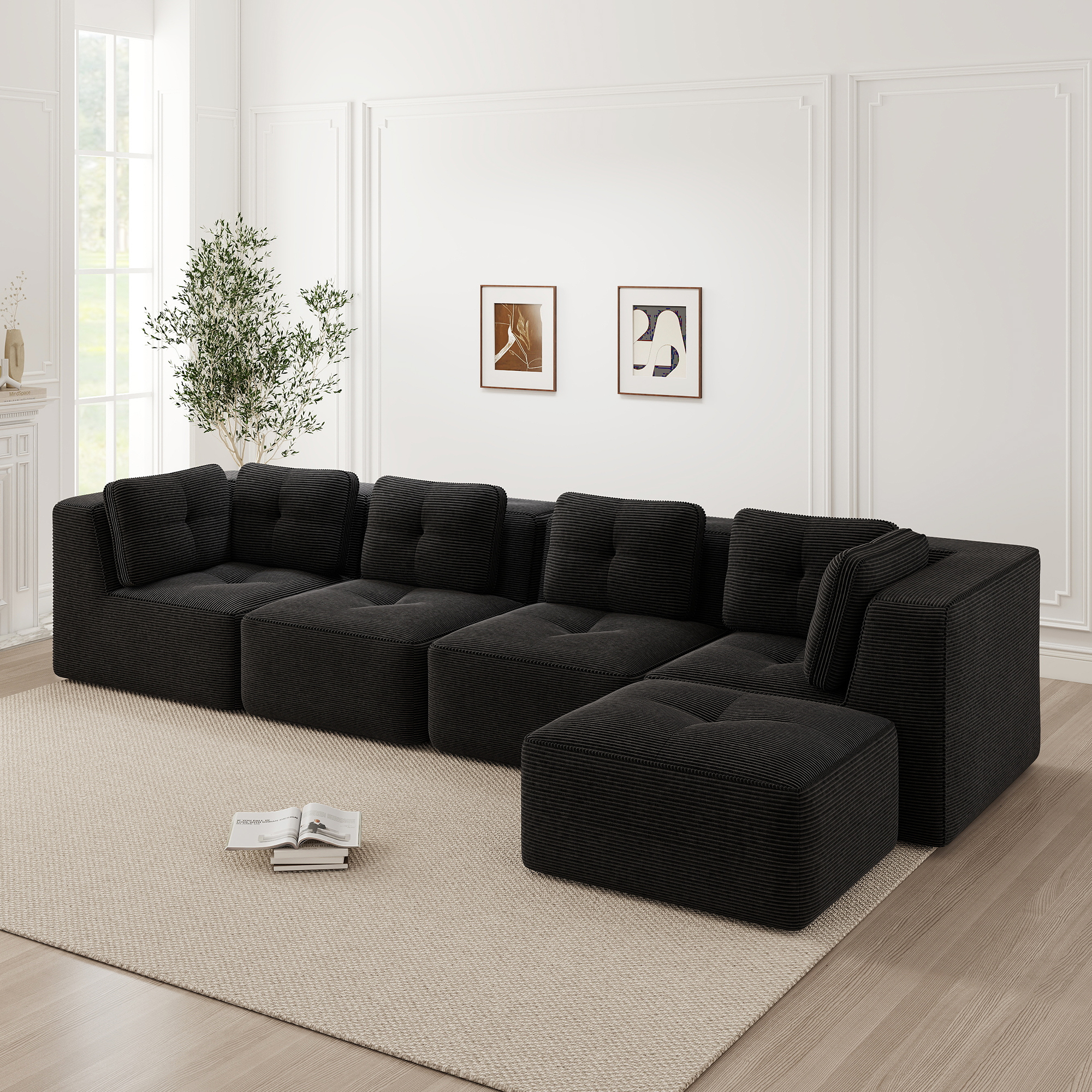 Canapé Modulable 4 Places Noir Tissu Côtelé Respirant Structure Sans Cadre Rigide Pieds Antidérapants Confort Salon Moderne