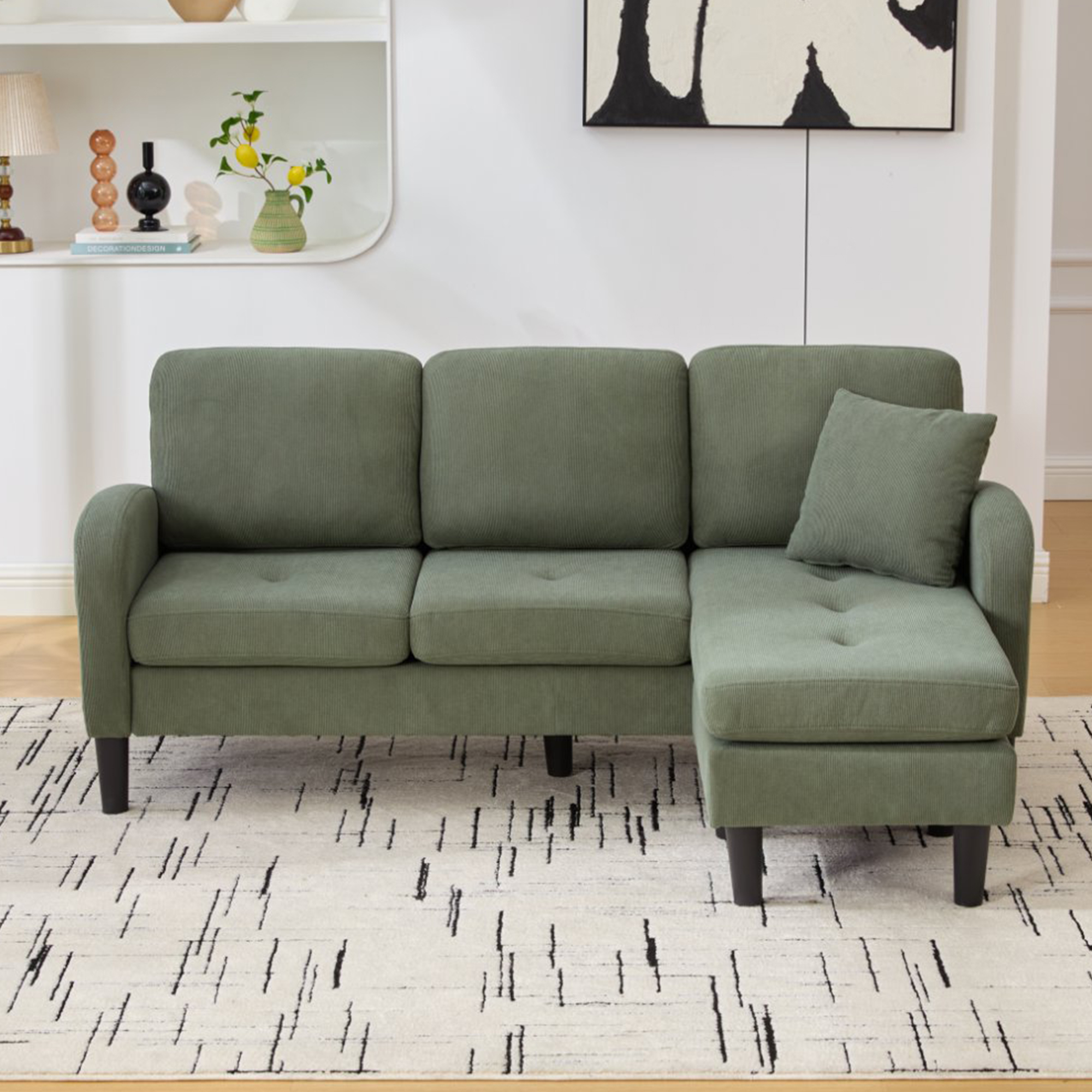 Canapé d'angle compact 3 places avec méridienne réversible en tissu respirant vert pour petit salon