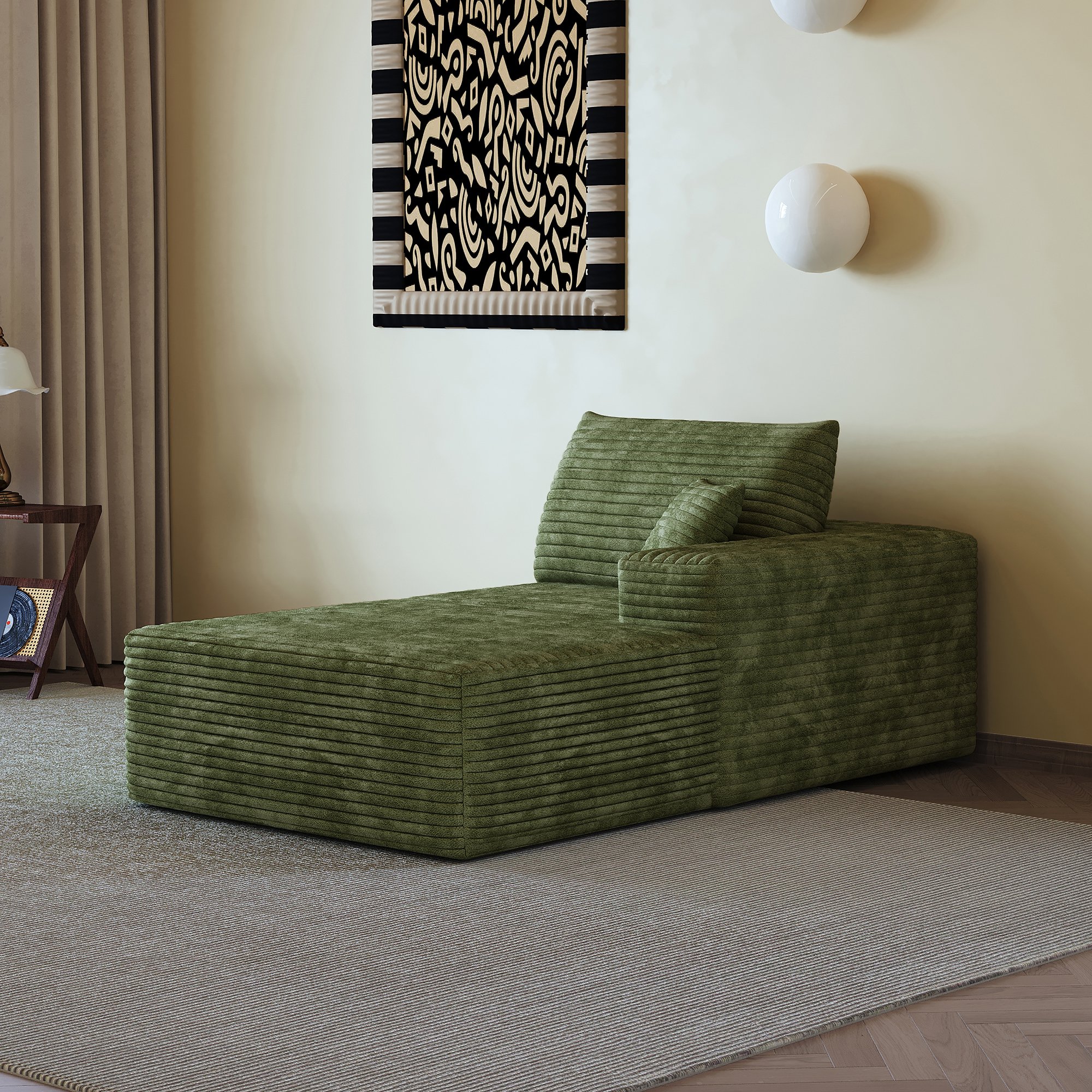 Canapé droit convertible vert en tissu velours côtelé, structure sans montage, dimensions 175x95x83 cm pour salon moderne et chambre
