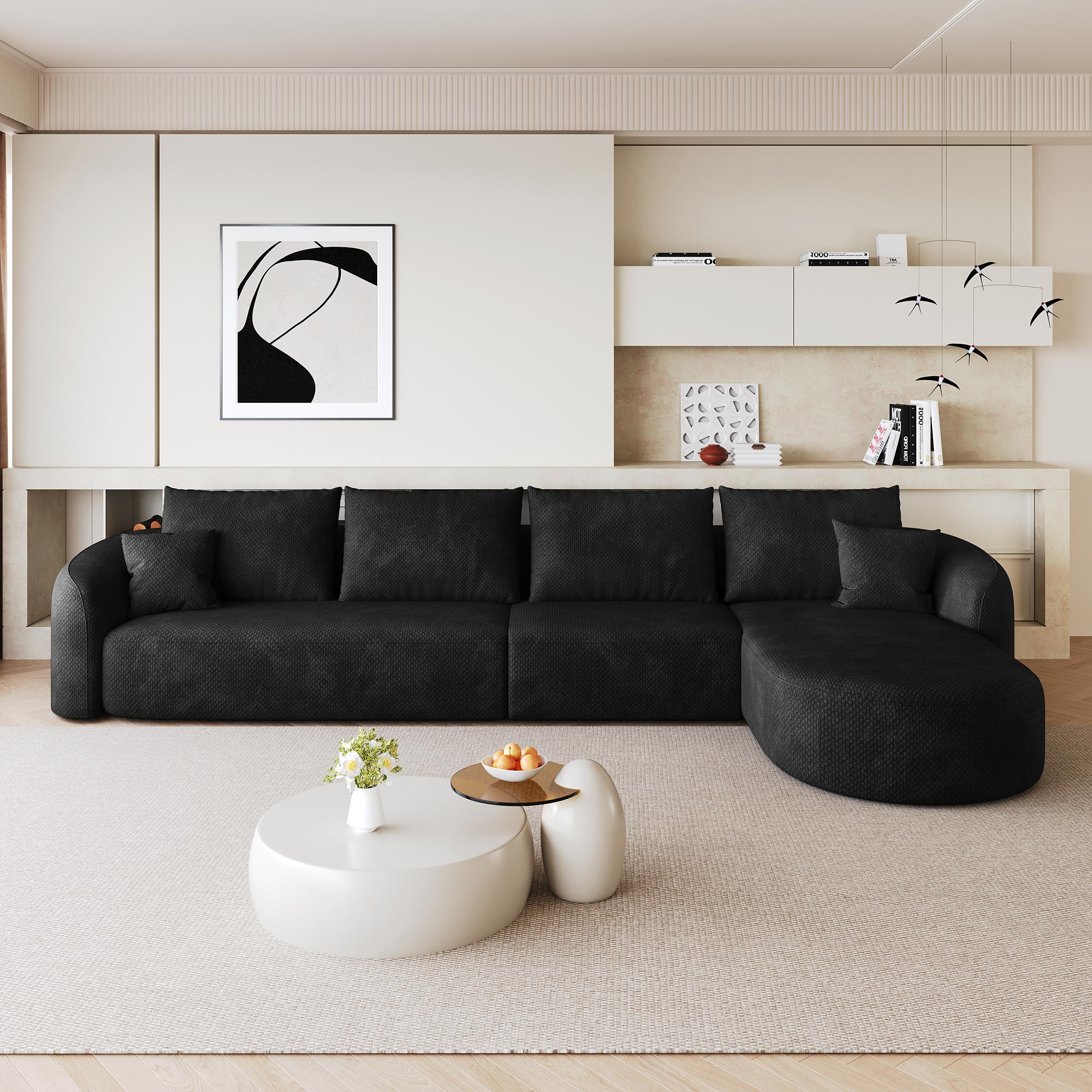 Canapé d'angle modulable en tissu noir 336x168 cm Structure Flottante Sans Bois Design Minimaliste Salon Appartement