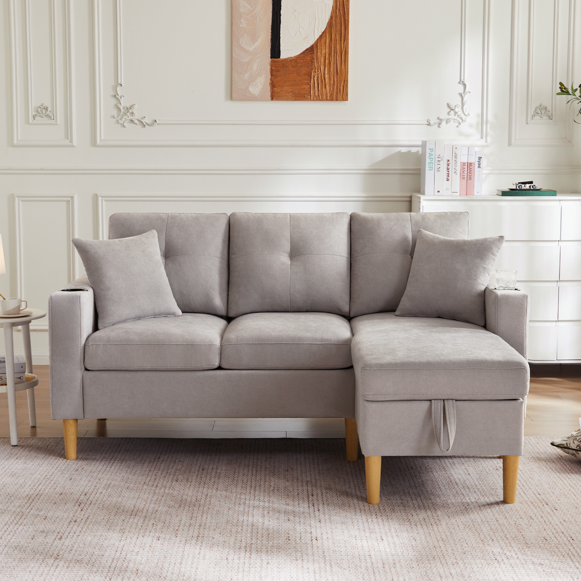 Canapé d'angle 3 places en tissu aspect lin gris clair avec chaiselongue, 2 coussins et porte-gobelets