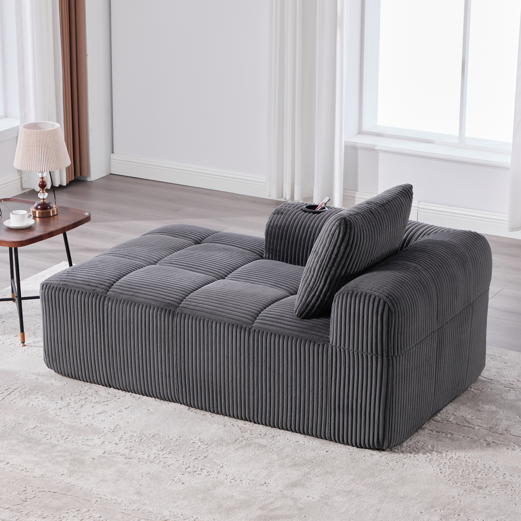 Canapé 2 places en velours côtelé gris foncé, mousse haute densité et ressorts intégrés avec porte-gobelets