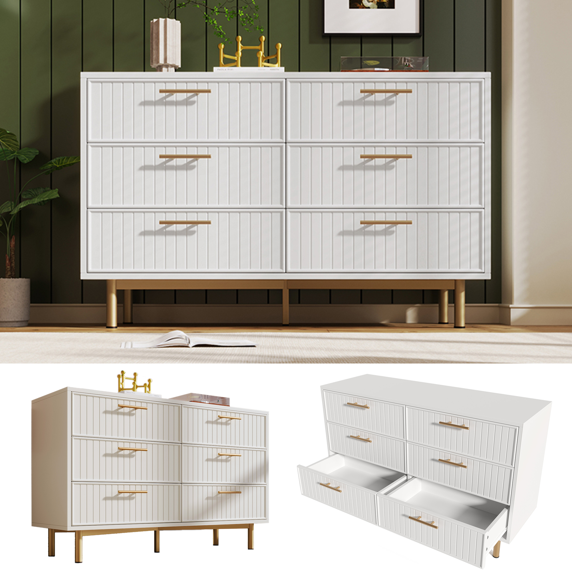 Buffet Blanc 6 Tiroirs Intérieur Crème Pieds Métal Dorés Design À Rainures Pour Chambre Et Salon Meuble Moderne 120x75 Cm