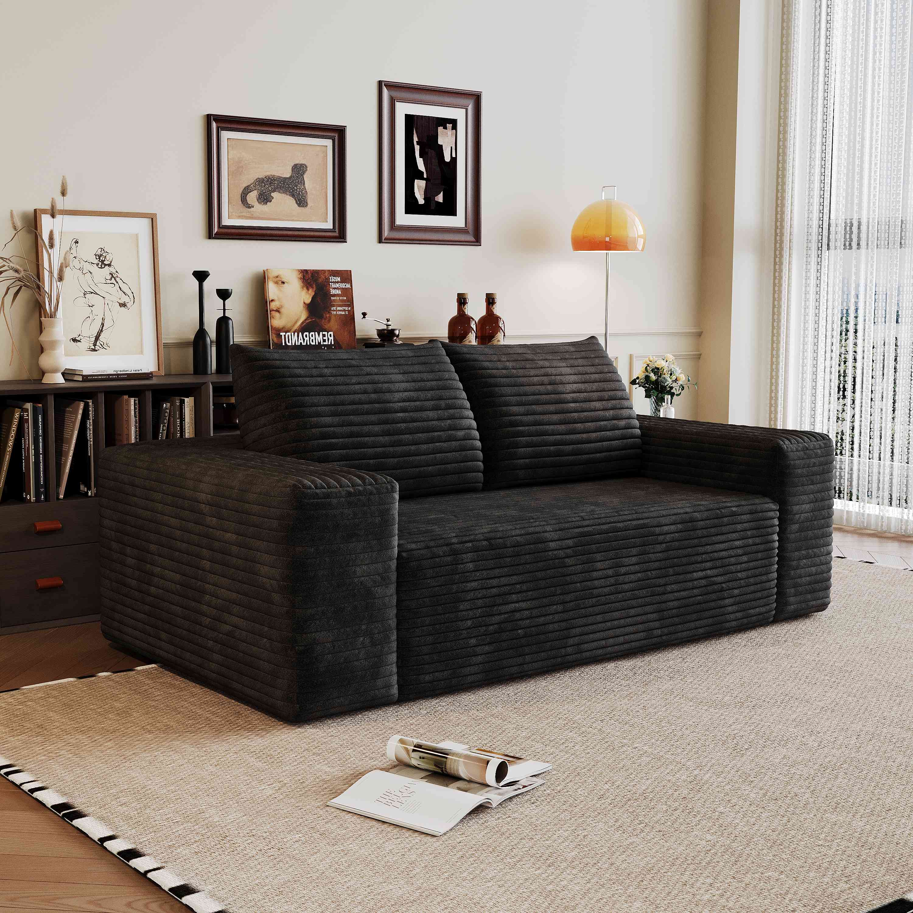 Canapé droit 180x90x83 cm en velours côtelé noir, structure modulaire sans montage, coussins profonds pour salon et chambre
