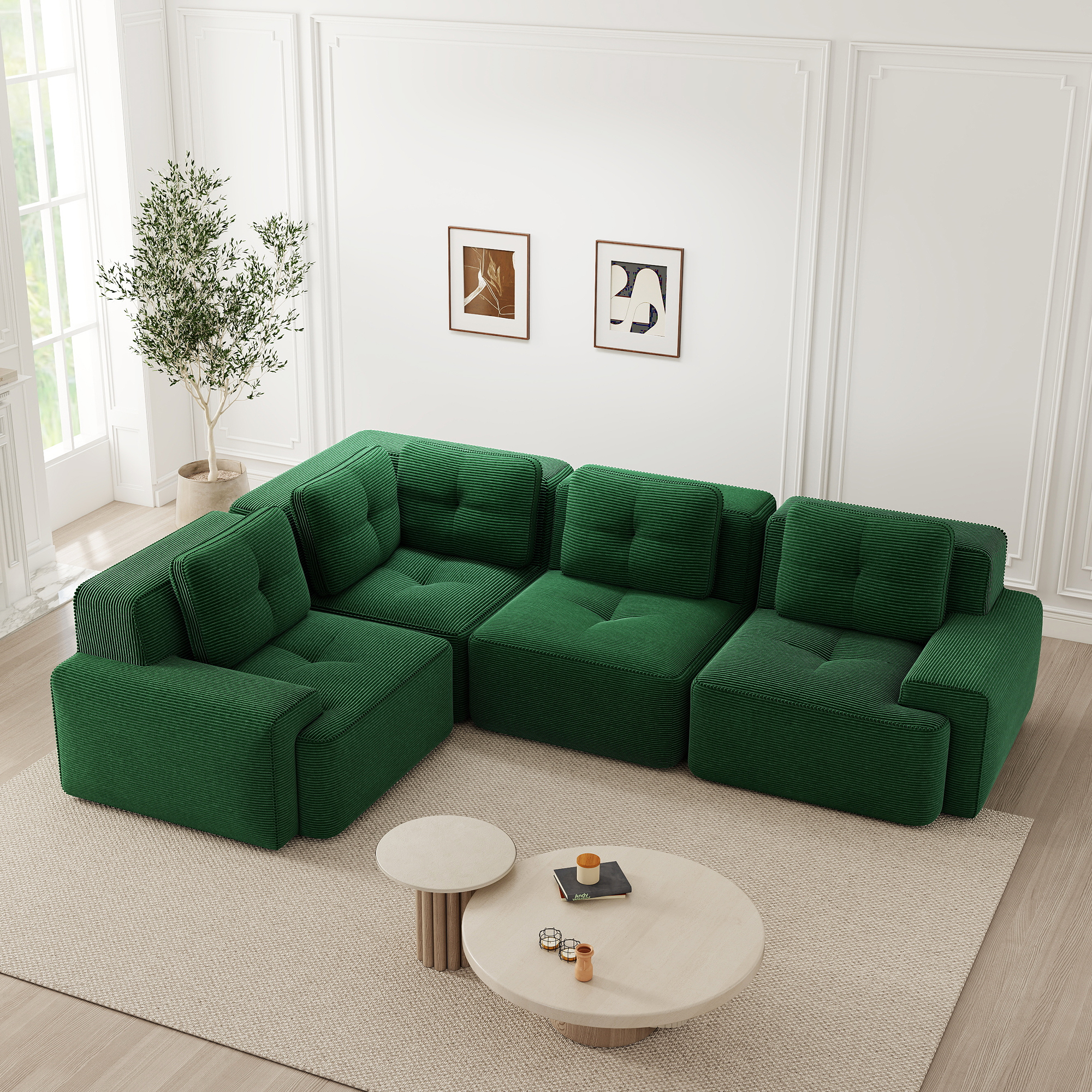 Canapé Modulable Vert en Velours Côtelé, Design Minimaliste Sans Cadre, Dimensions 295x295x69 cm, Structure Légère et Stable