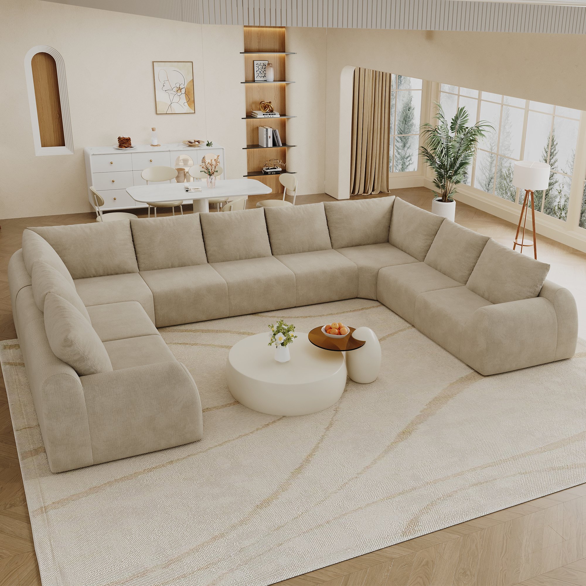 Canapé sans montage 411x267x85 cm en tissu chenille kaki avec mousse haute élasticité pour salon et chambre