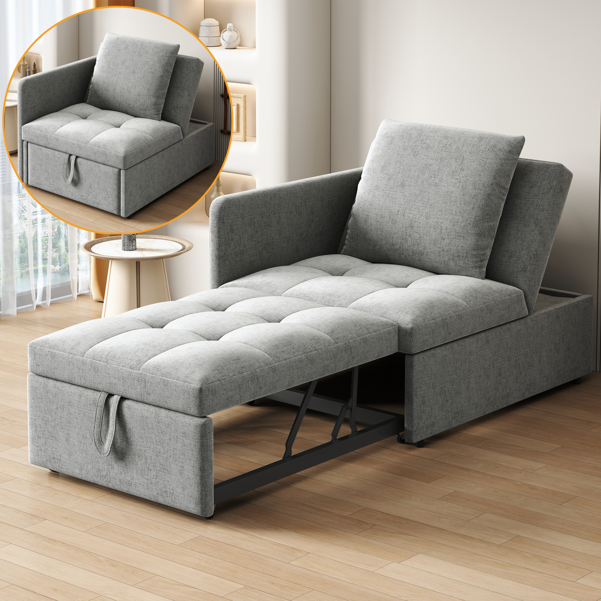 Lit avec rangement 177x68x65 cm en lin gris avec structure métal et bois et tiroirs intégrés sous le couchage