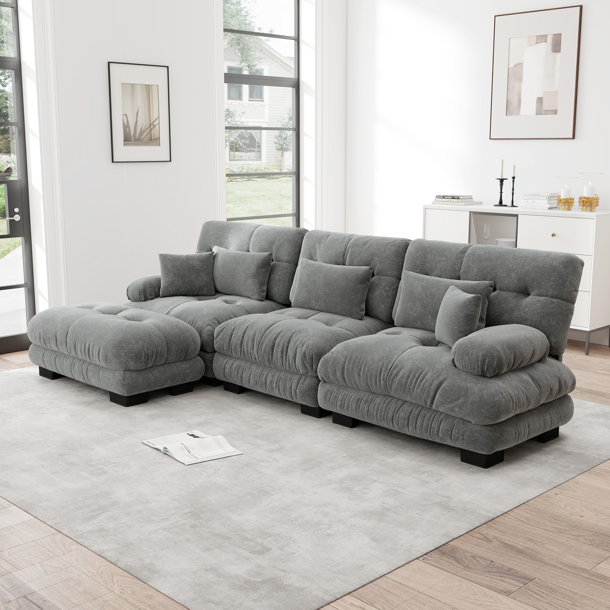 Canapé d'angle modulable avec ottomans mobiles et coussins d'appoint, configuration en L ou droite