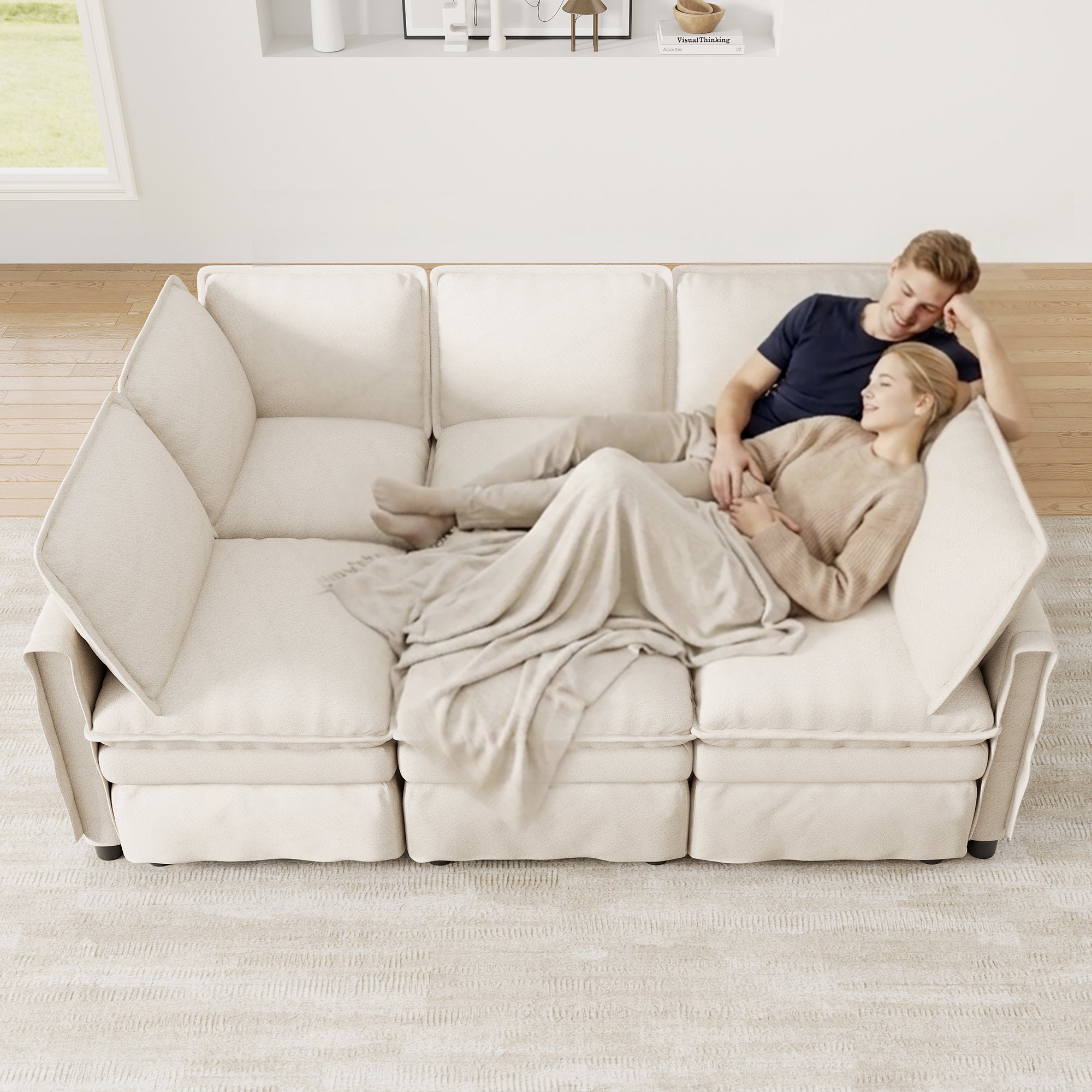 Ensemble canapé modulable chenille beige avec pouf amovible, design moderne sans accoudoirs fixes, salon bureau