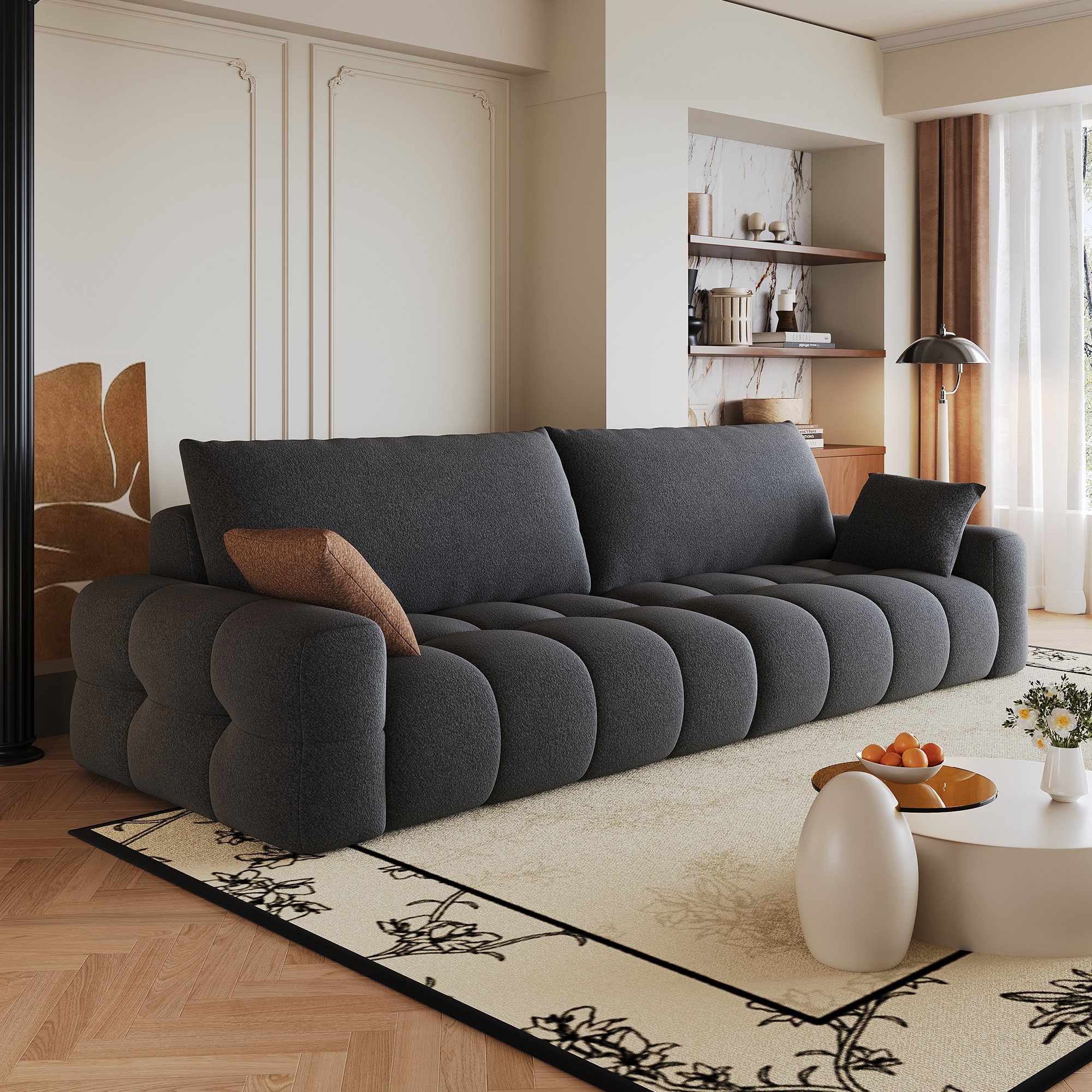 Canapé modulable 260x105x86 cm en tissu lin gris foncé sans montage avec assise profonde et structure boneless pour salon ou chambre