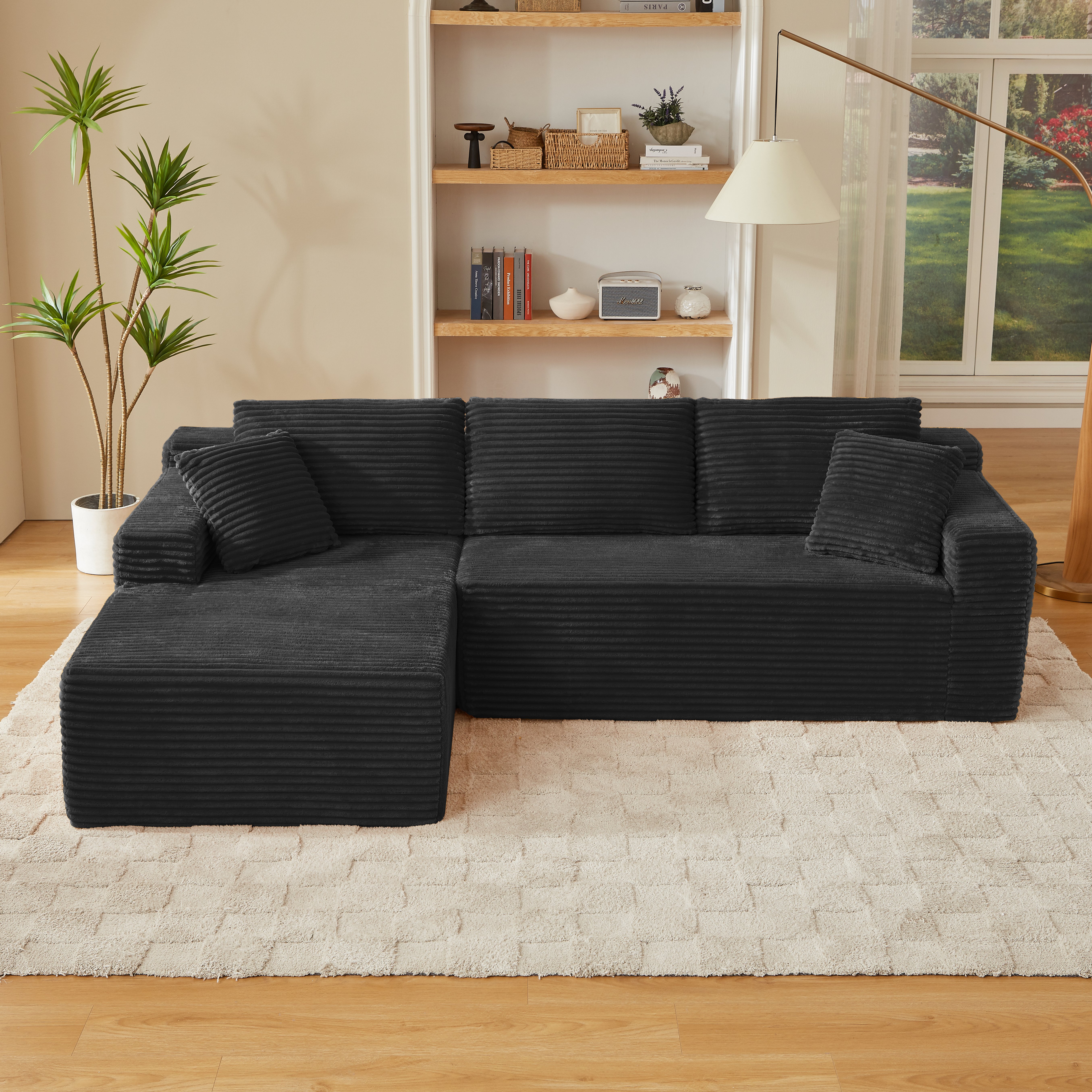Canapé Modulable Noir Avec Méridienne Surdimensionnée Housse Lavable En Machine Confort Mousse à Mémoire de Forme Pour Salon Moderne