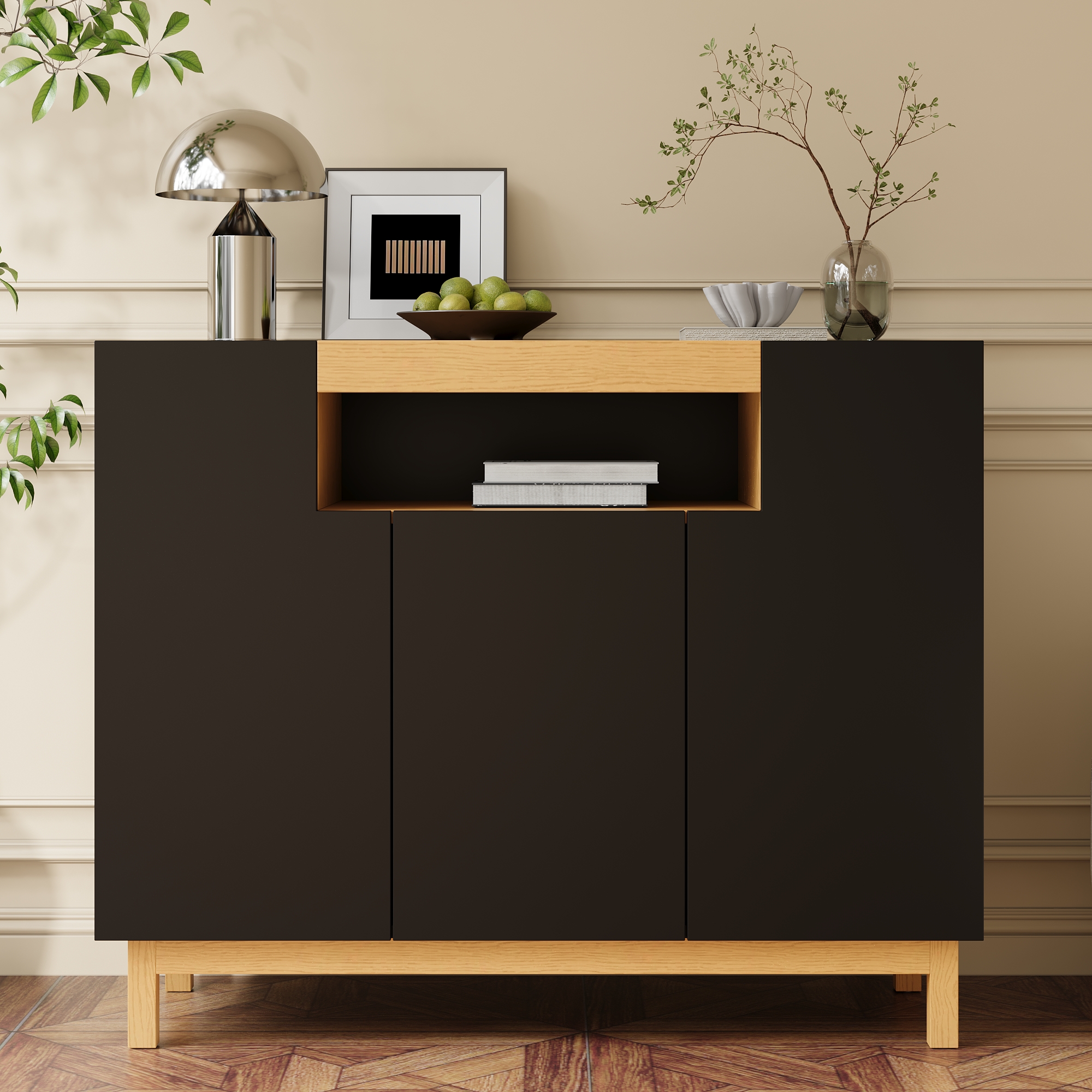 Buffet Noir 3 Portes Meuble Rangement Moderne avec Étagère Ouverte Centrale pour Salon et Entrée