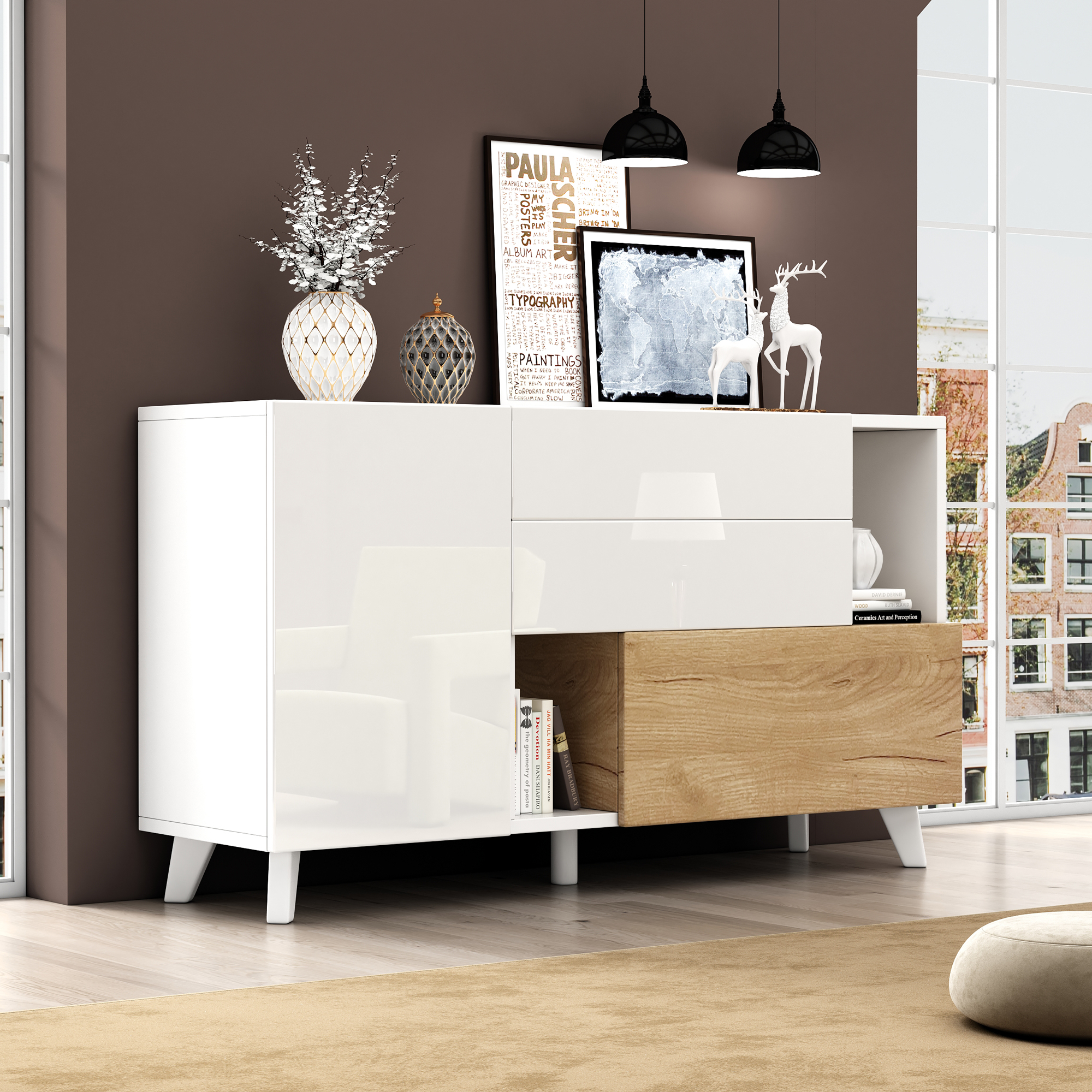 Buffet Contemporain Blanc Brillant et Bois Naturel, Meuble Rangement avec Tiroirs et Porte Abatante pour Petit Espace