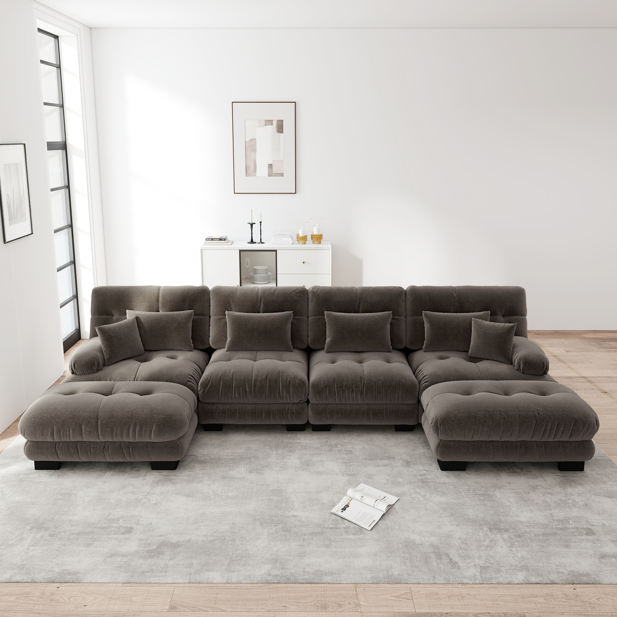 Canapé Modulable 4 Places Avec Ottoman Mobile, Coussins Cloud Sans Ressorts Mousse Élastique, Design Contemporain