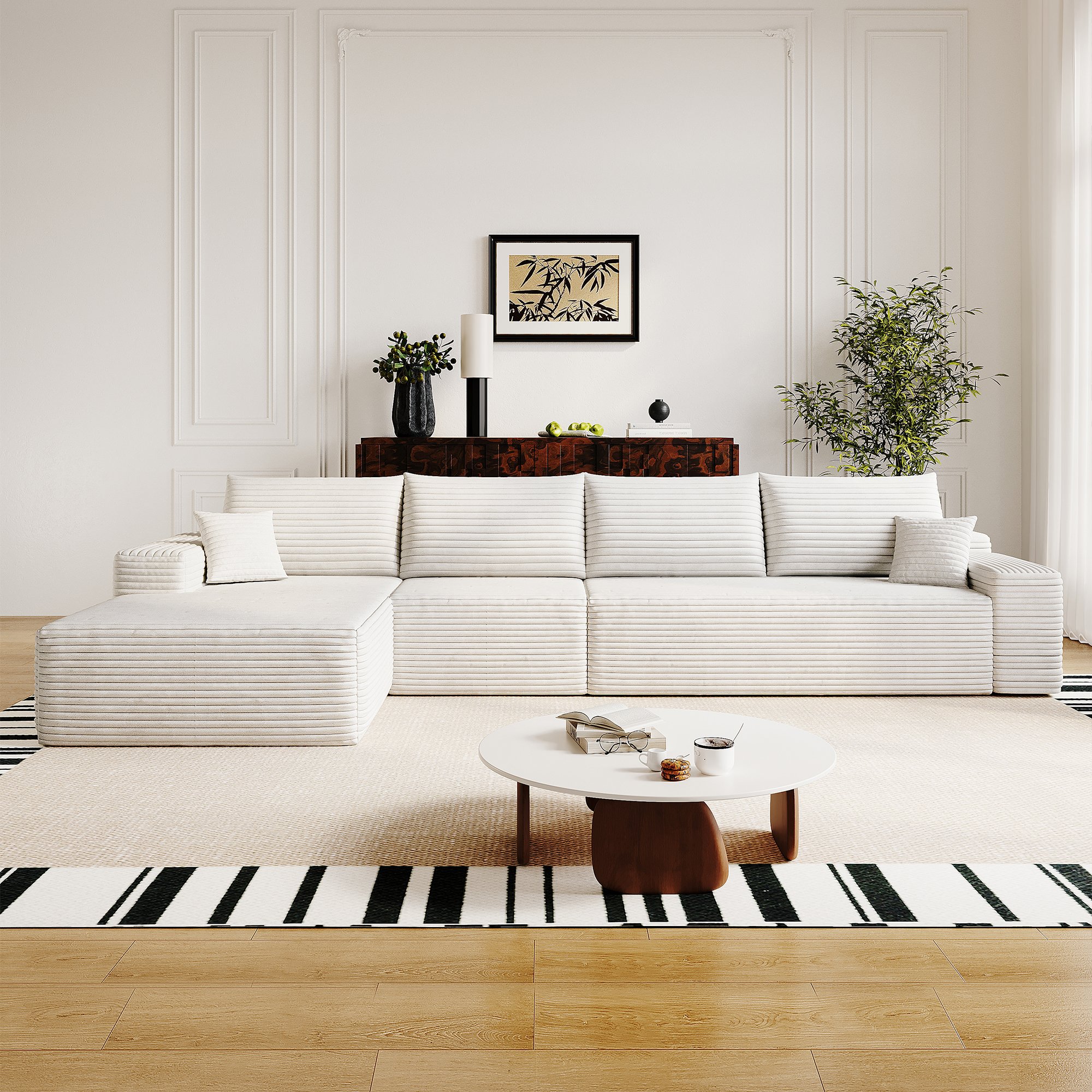 Canapé d'angle blanc 340x175 cm en tissu velours côtelé, structure modulaire sans montage, confort optimal pour le salon et la chambre à coucher.