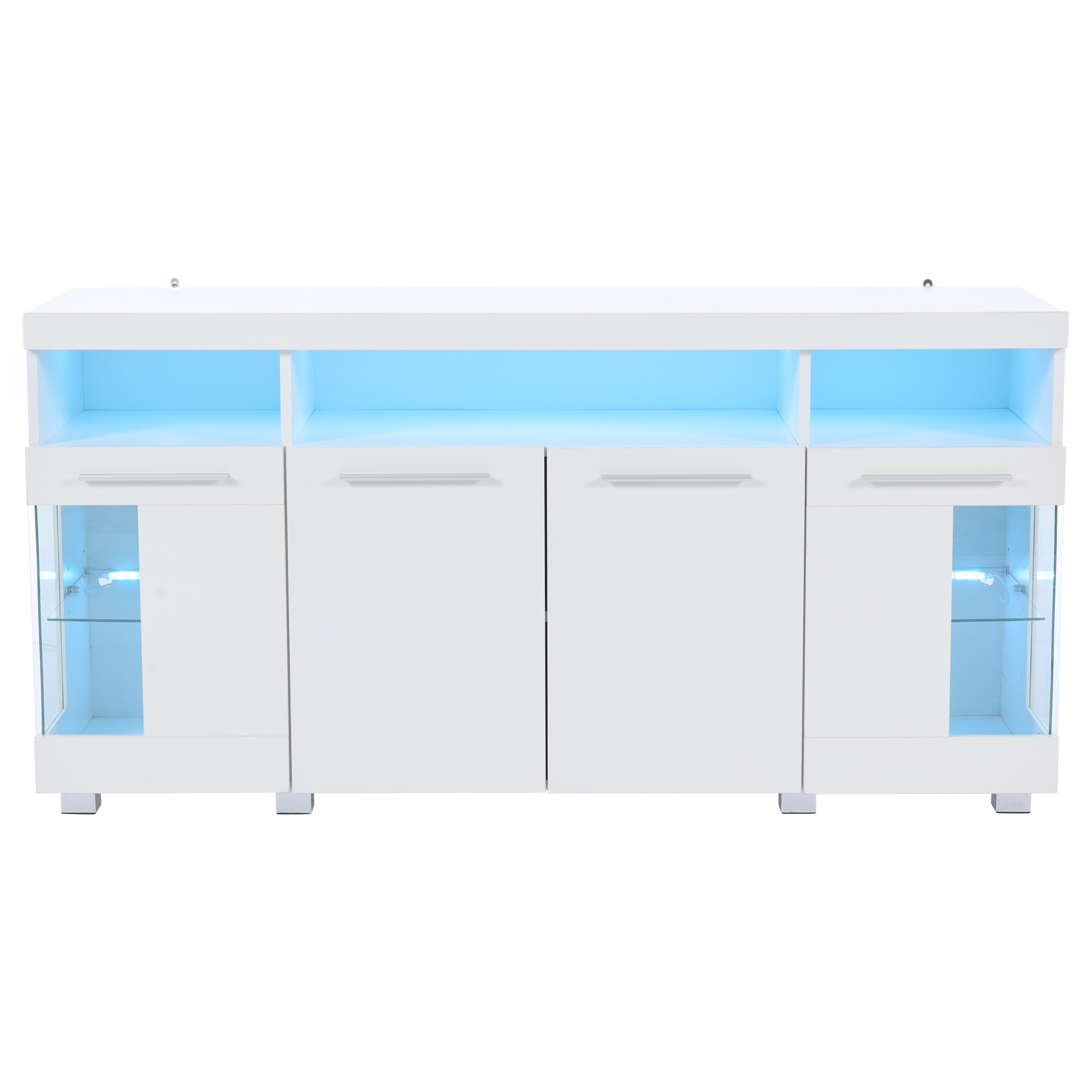 Meuble de Rangement Large 140x40x70 cm Buffet Blanc Brillant avec Compartiments et Éclairage LED pour Espace Confortable