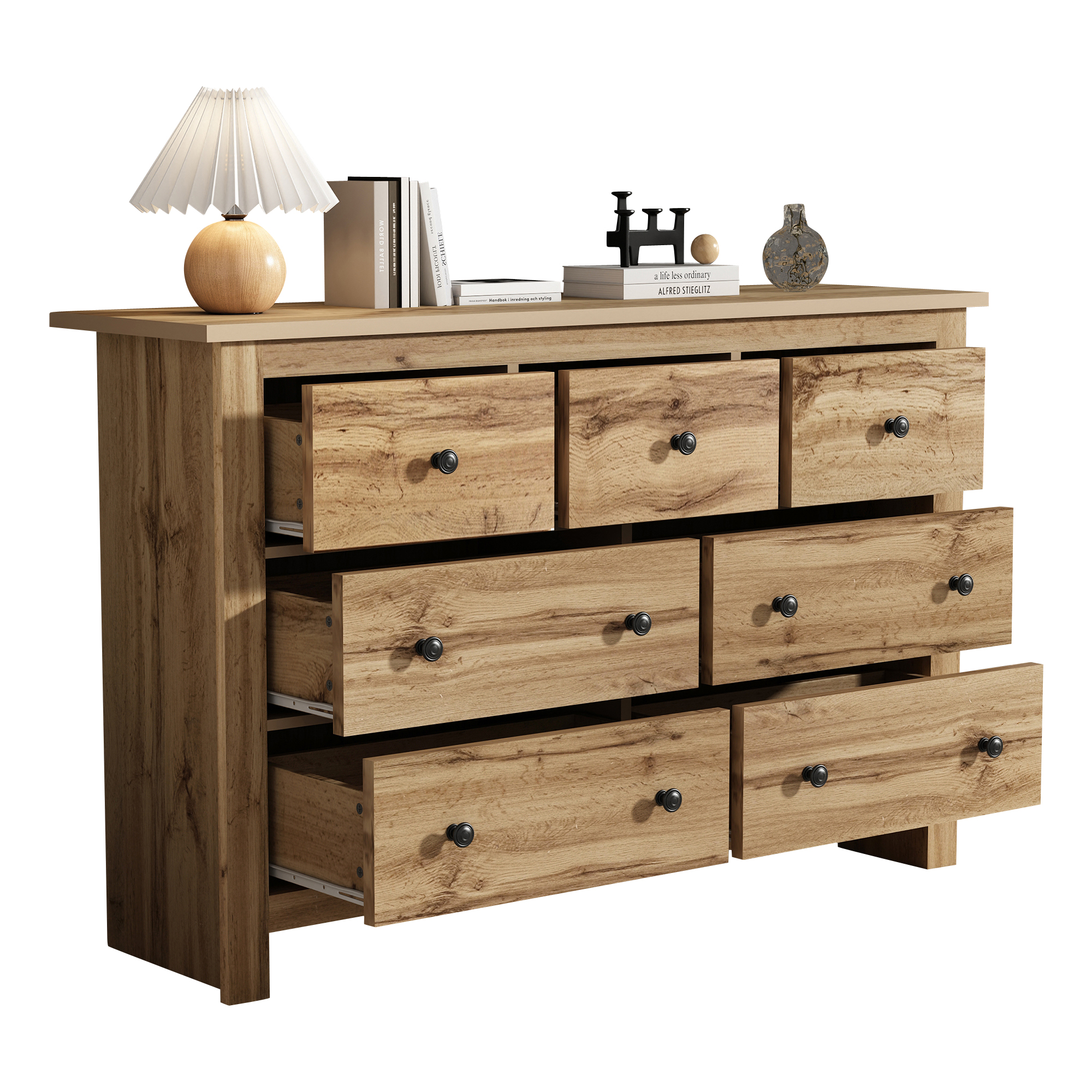 Buffet 7 Tiroirs Meuble Rangement Bois Couleur Naturelle Design Moderne Minimaliste Pour Cuisine Salle À Manger Entrée 152x40x89 Cm