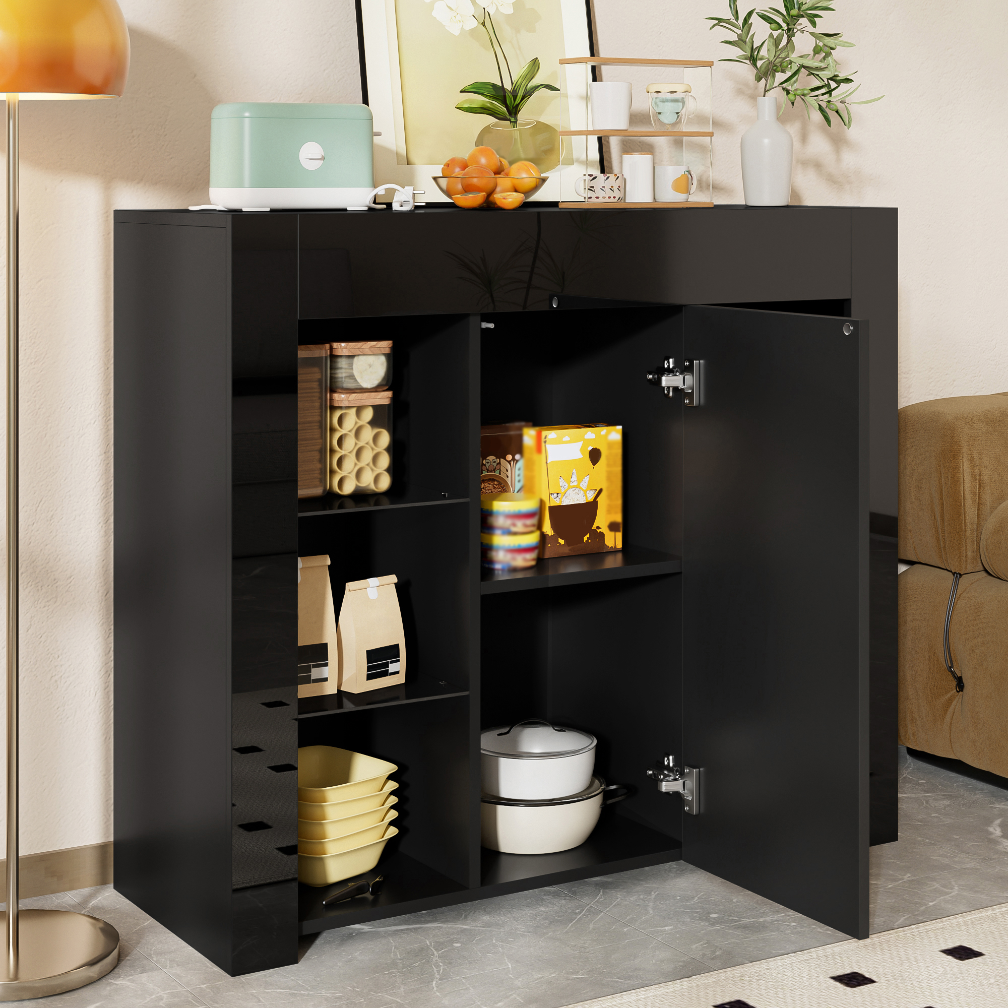 Buffet Noir Moderne 95x35x83 cm - Meuble de Rangement avec Étagères en Verre et Porte pour Cuisine ou Salon