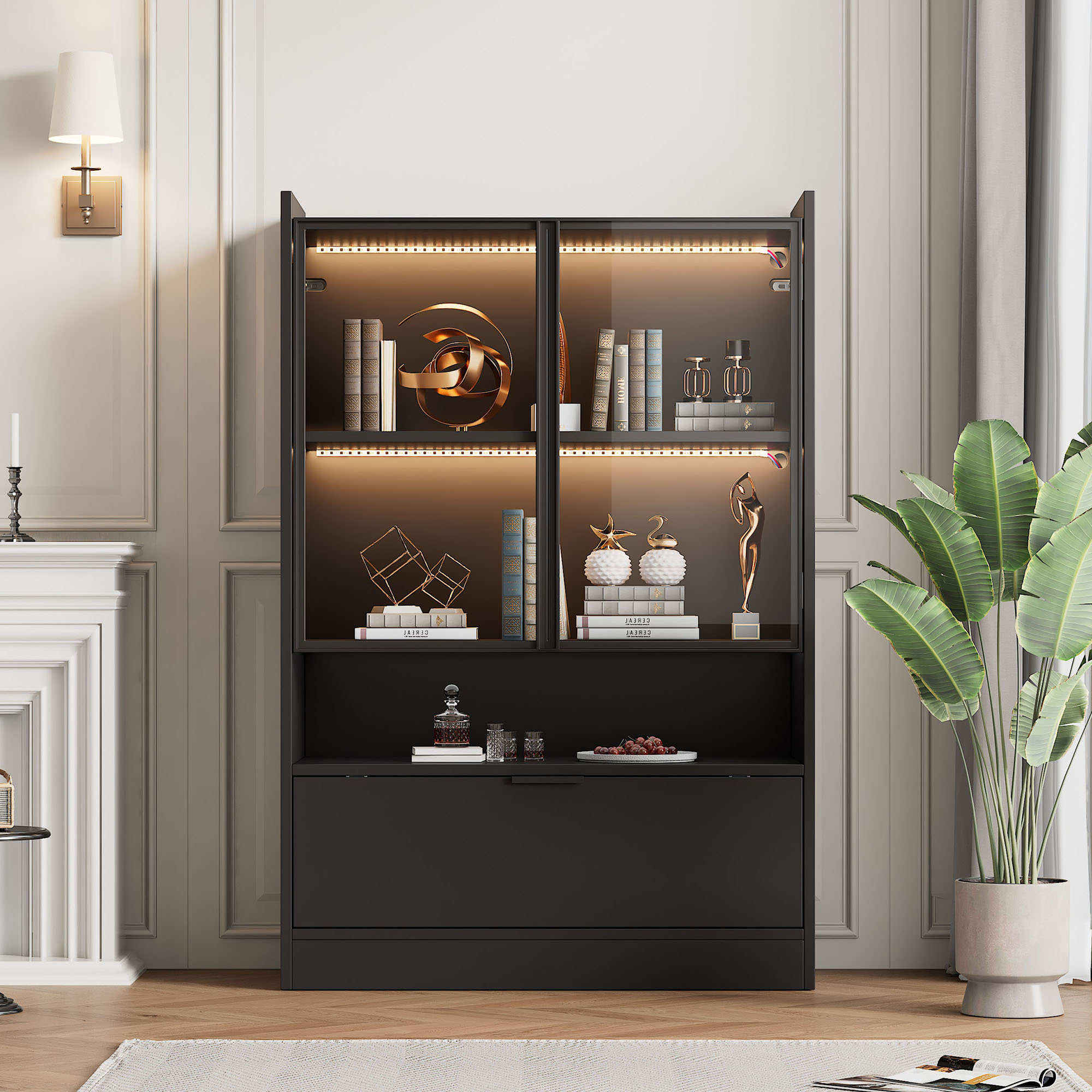 Vitrine LED Noire Mat 120x80x35 cm, Contrôle App et Télécommande, Verre Trempé avec Porte Abattante Inférieure