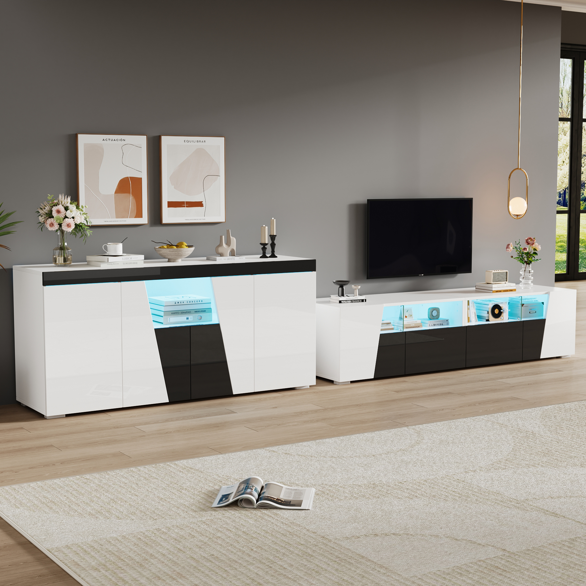 Meuble TV LED Intelligent avec Contrôle Bluetooth et Rangement, Design Moderne Blanc Noir pour Salon