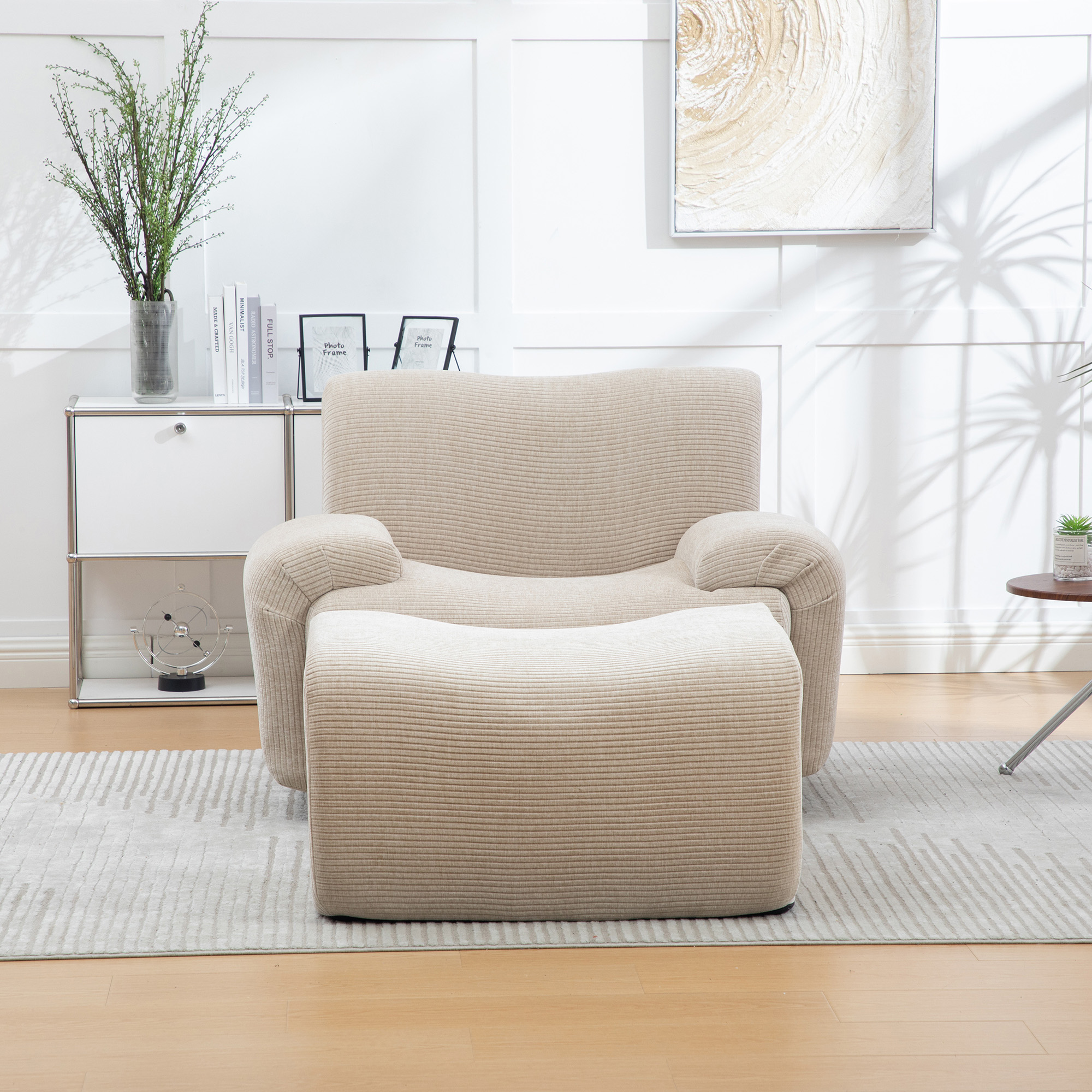Fauteuil Individuel Revêtement Chenille Strapaziable - Structure Rembourrée Mousse Élastique 30D avec Tabouret Accordé